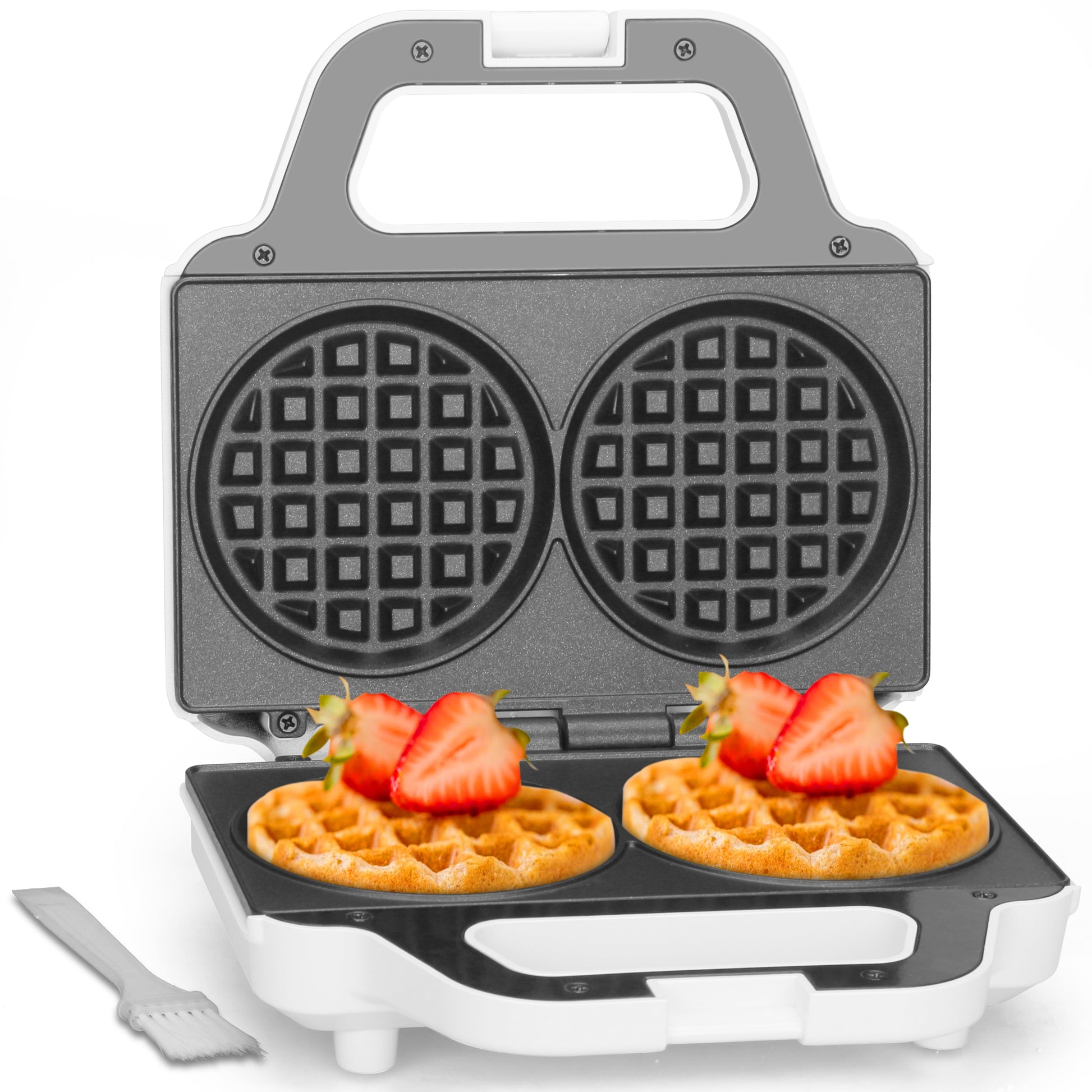 Double 4 Inch Waffle Maker, Electric round Waffle Machine, Brush Included, White