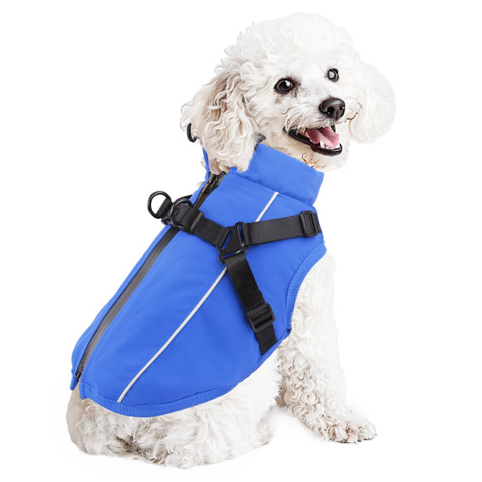 Waterproof Reflective Winter Dog Coat with Harness, Thick Fleece Snowsuit Christmas Vest for Small Dogs (5-8 lbs), Blue