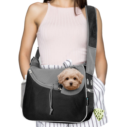 Small Dog Sling Carrier - Soft-Sided Crossbody Pet Pouch for Medium Dogs and Cats, Adjustable Travel Bag with Poop Bag Dispenser, Breathable Design, Black