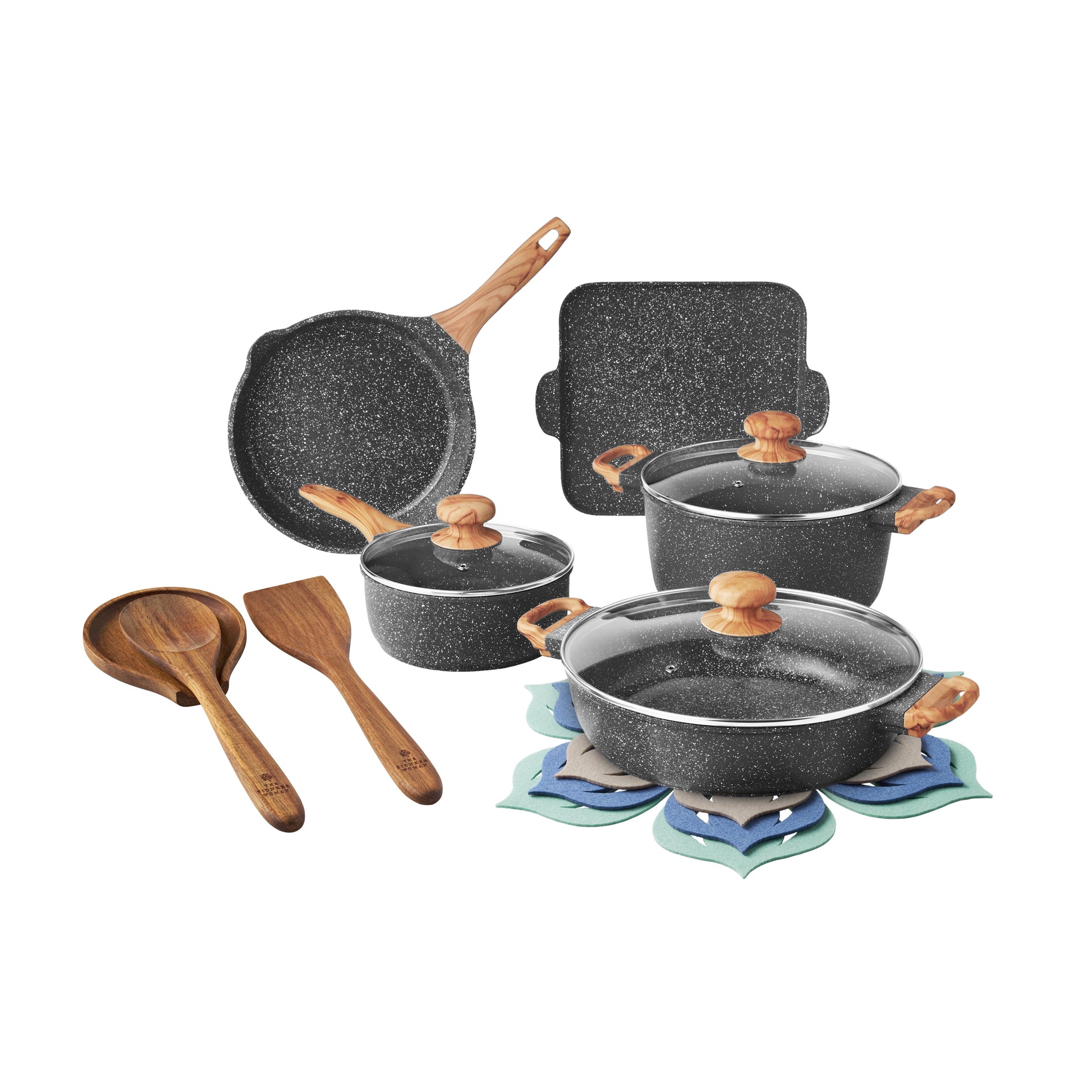 Prairie Signature 14-Piece Cast Aluminum Cookware Set, Charcoal Speckle