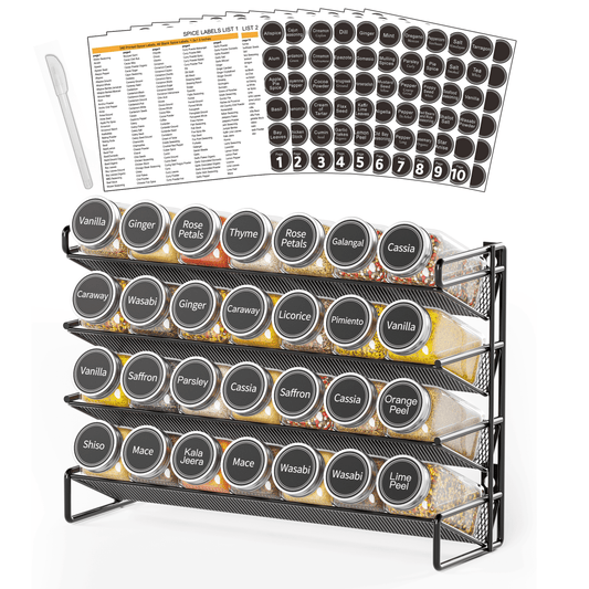 Spice Rack Organizer with 28 Jars, 4.33"D X 13.33"W X 10.5"H, Black