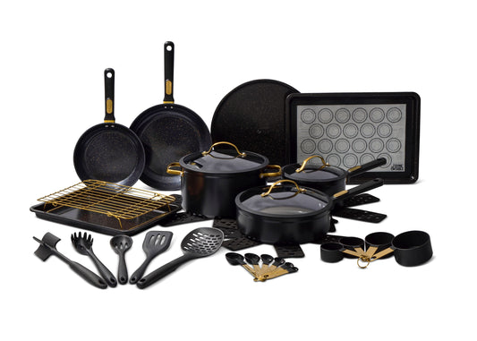 32-Piece Non-Stick Cookware Set in Black Aluminum and Ceramic