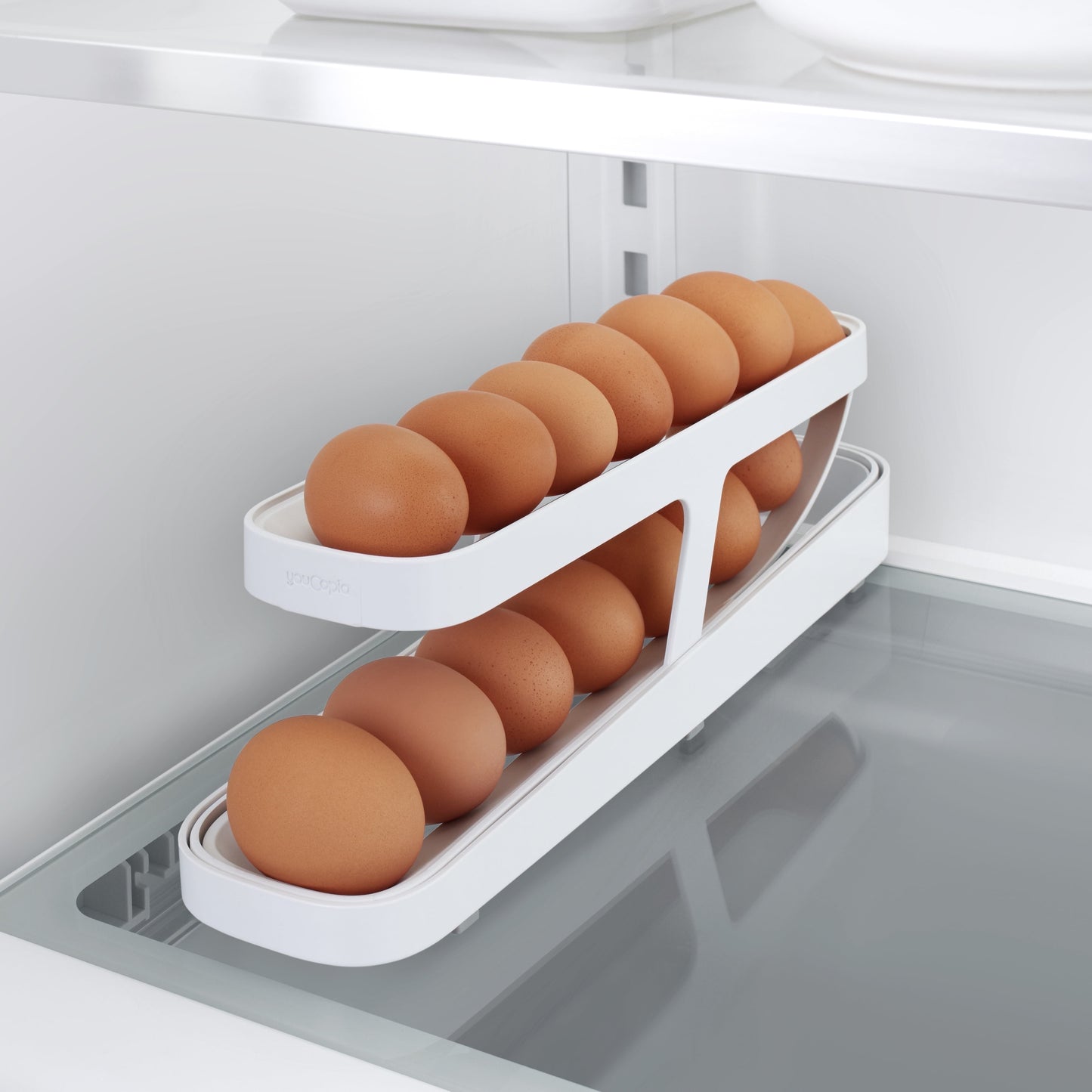 Rolldown® Egg Dispenser, Space-Saving Rolling Organizer for Fridge, Refrigerator Bin, White