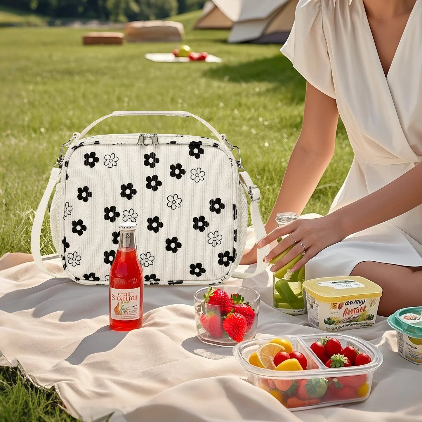 Black & White Floral Corduroy Lunch Bag - Handheld or Shoulder Carry Insulated Lunch Box