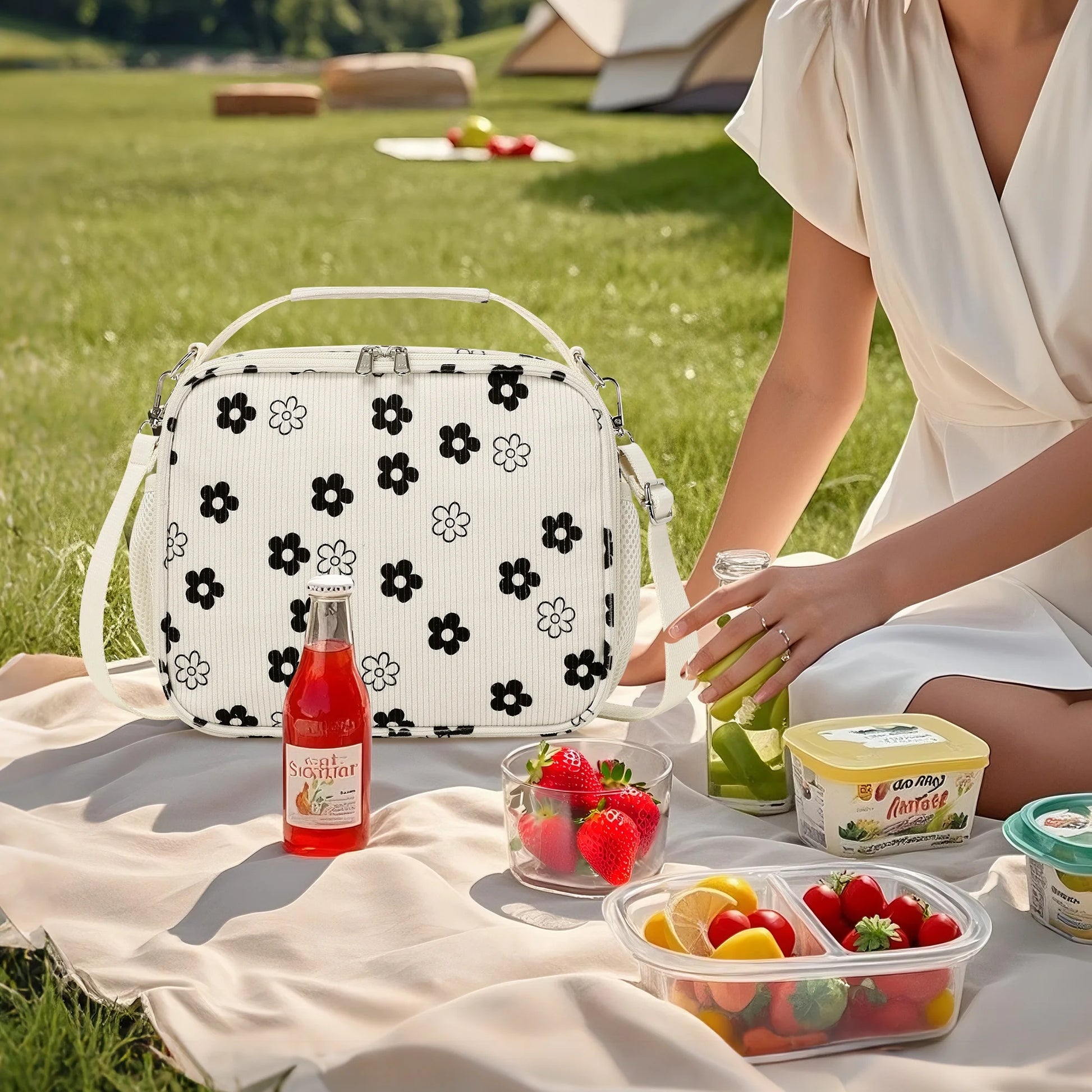 Black & White Floral Corduroy Lunch Bag - Handheld or Shoulder Carry Insulated Lunch Box