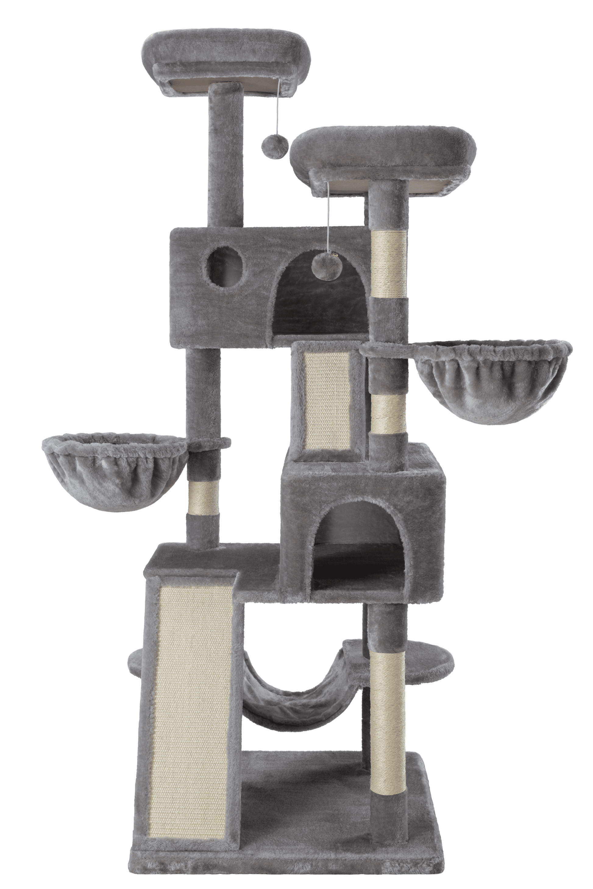 65.7" Large Cat Tree and Tower Condo for Indoor Cats with Dual Scratching Boards, Hammock, and Post in Gray