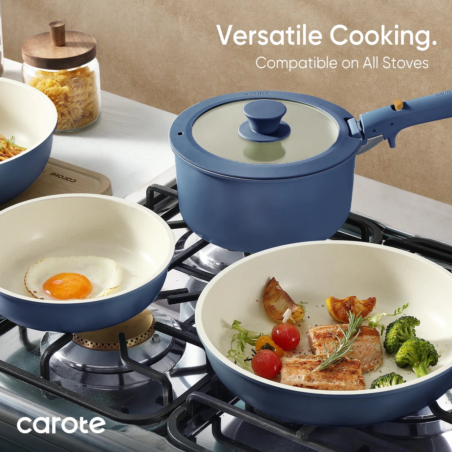 5-Piece Nonstick Cookware Set with Detachable Handles, Oven Safe and Induction Compatible, Stackable Kitchen Cooking Set in Navy Blue