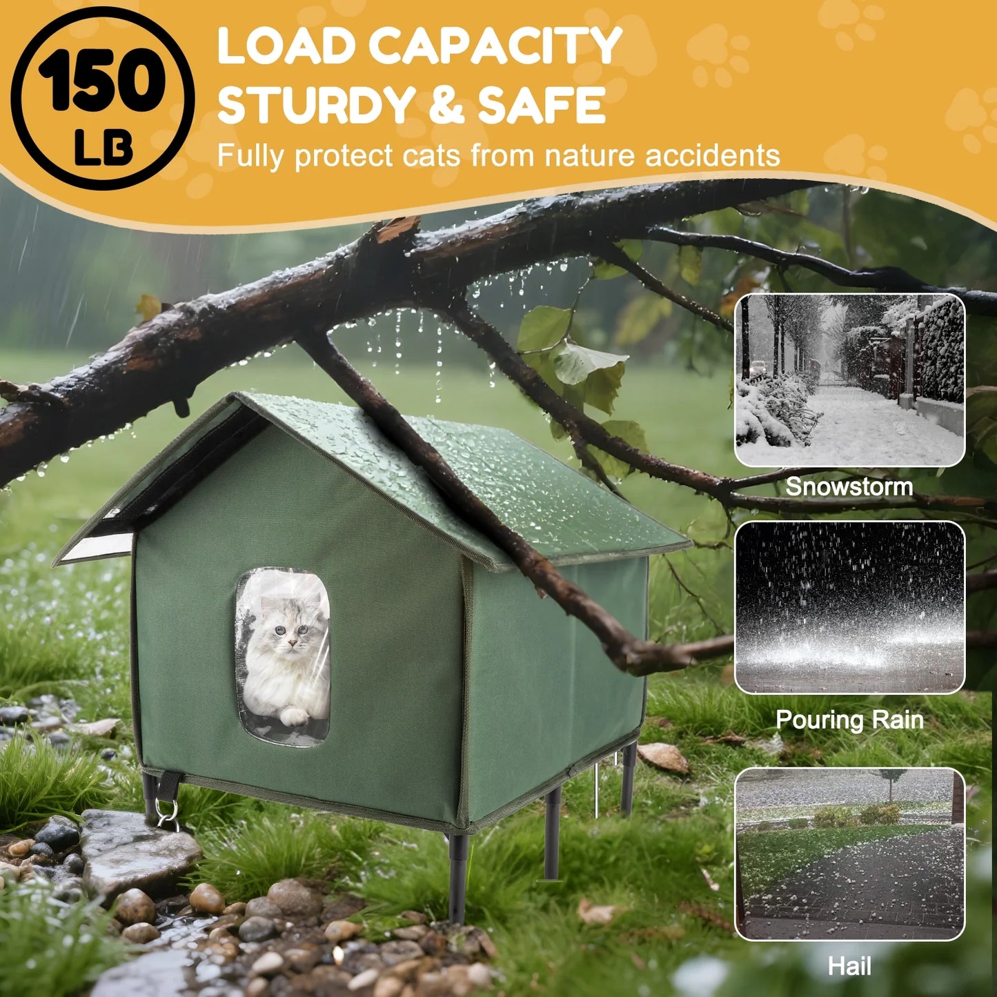 Insulated Outdoor Cat House with Escape Door - Weatherproof Shelter for Small Cats, Green