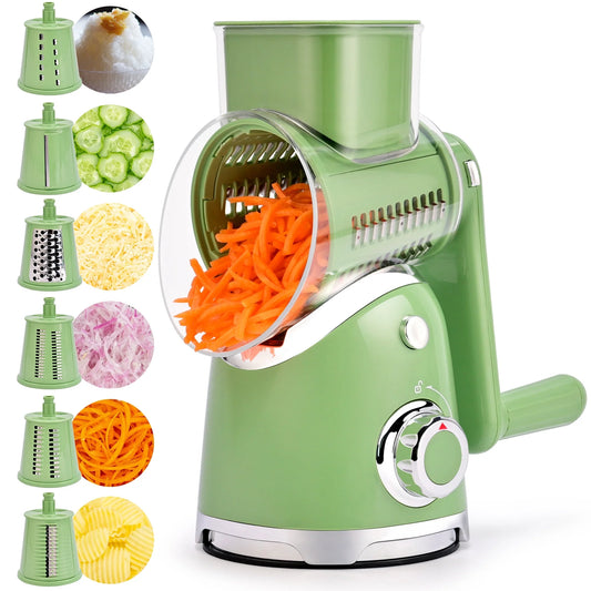 Rotary Cheese Grater with Handle, Vegetable Slicer with 6 Interchangeable Blades, Reinforced Suction, Easy to Clean, Blade Storage Case, Kitchen Shredder for Crushed Ice, Fruits and Nuts