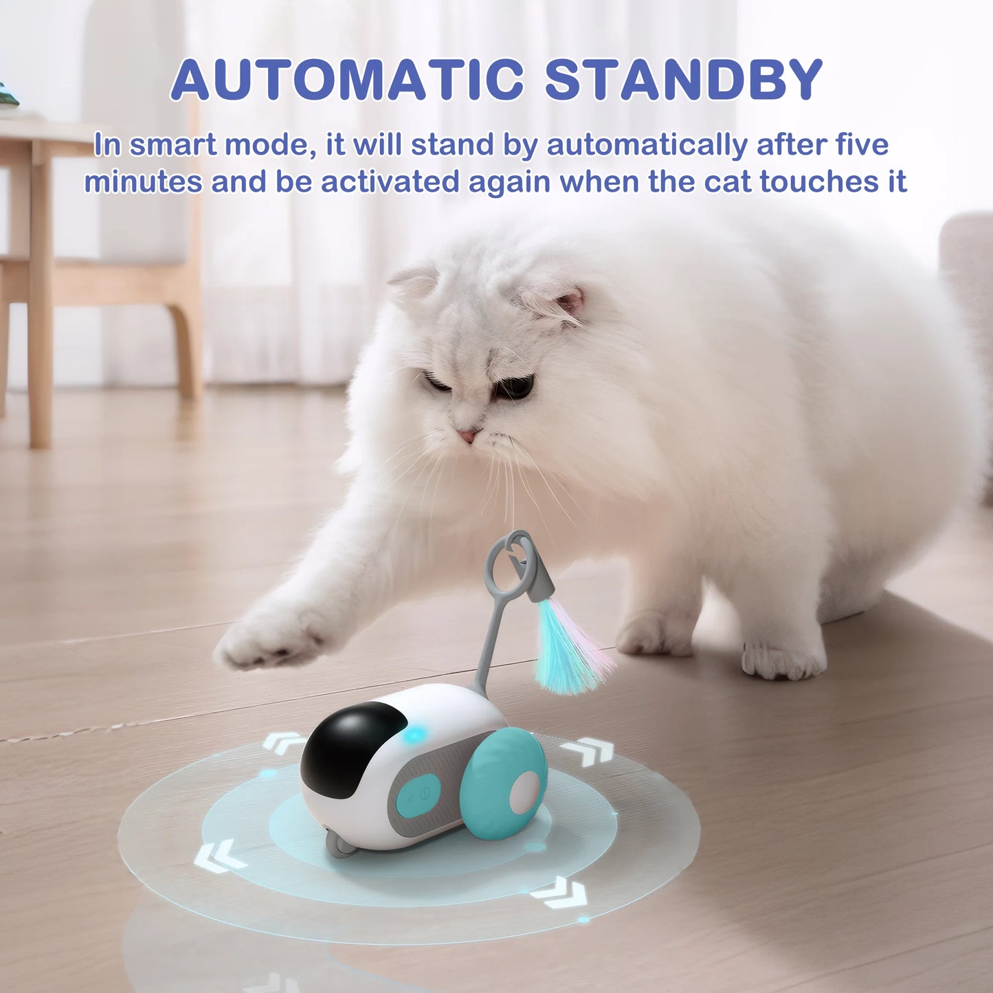 Smart Interactive Cat Toy for Indoor Use - Rechargeable Remote-Controlled Automatic Movement with Feathers, Blue, 2-Speed Settings