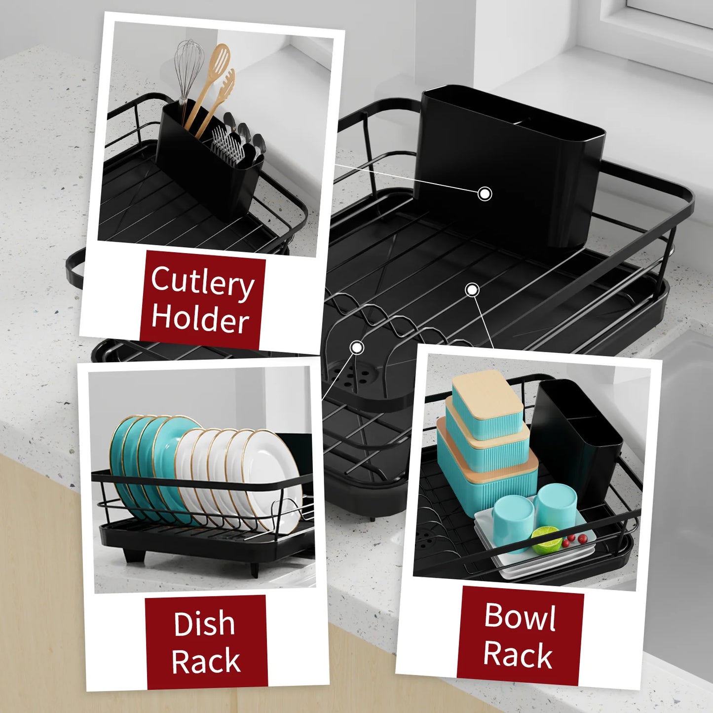 Dish Drying Rack, Compact Dish Racks for Kitchen Counter, Black