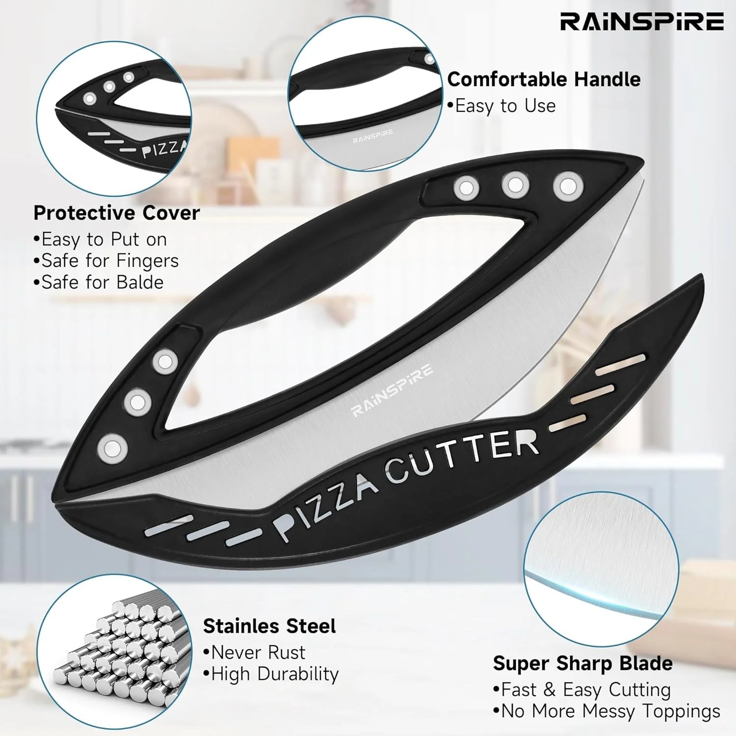 Pizza Cutter Rocker Blade Stainless Steel Pizza Rocker with Cover Sharp Blade Pizza Knife Dishwasher Safe Kitchen Gadgets Home Essentials, 1Pack