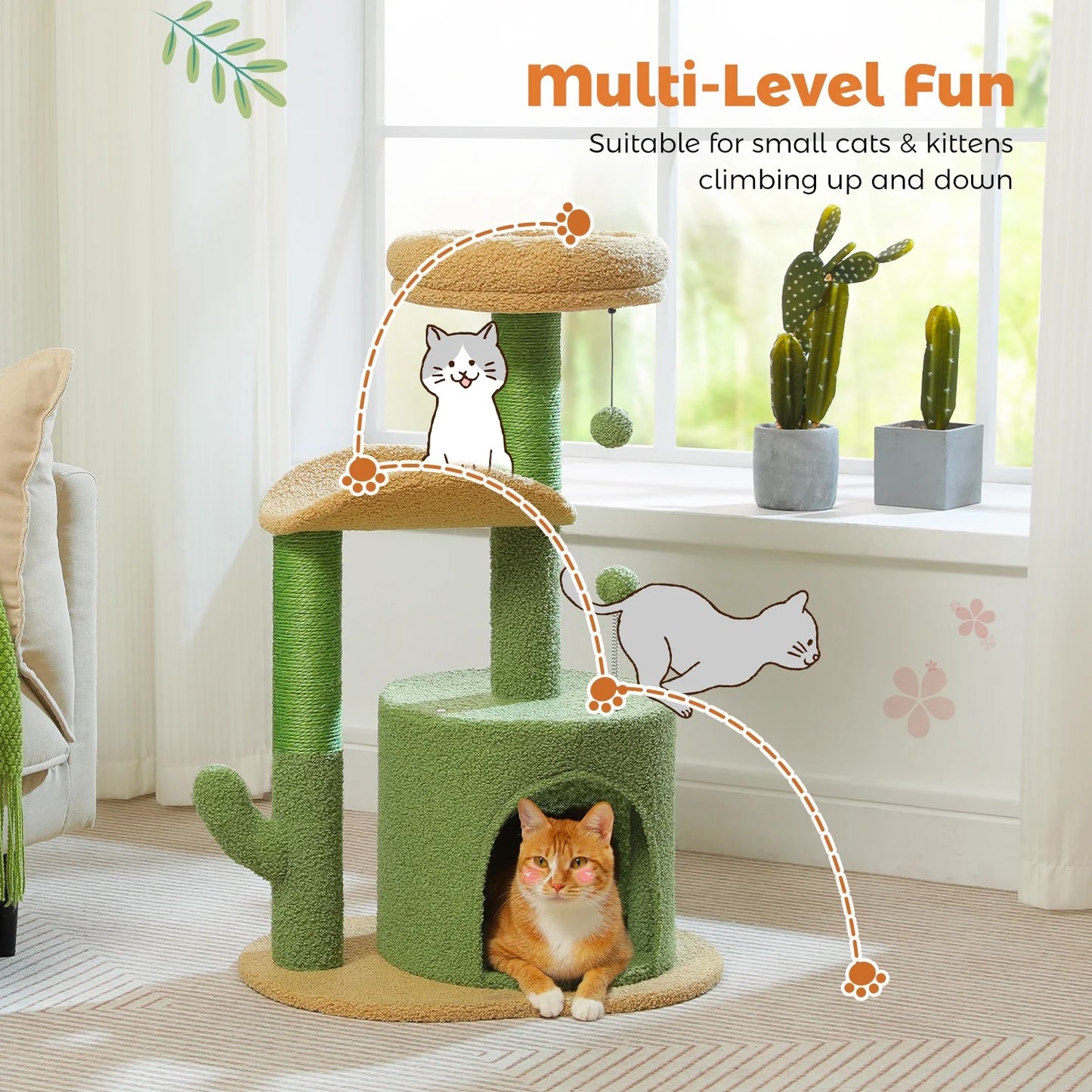 32-Inch Cactus Cat Tree Tower with Scratching Posts and Cozy Condo Perch for Indoor Cats, Green