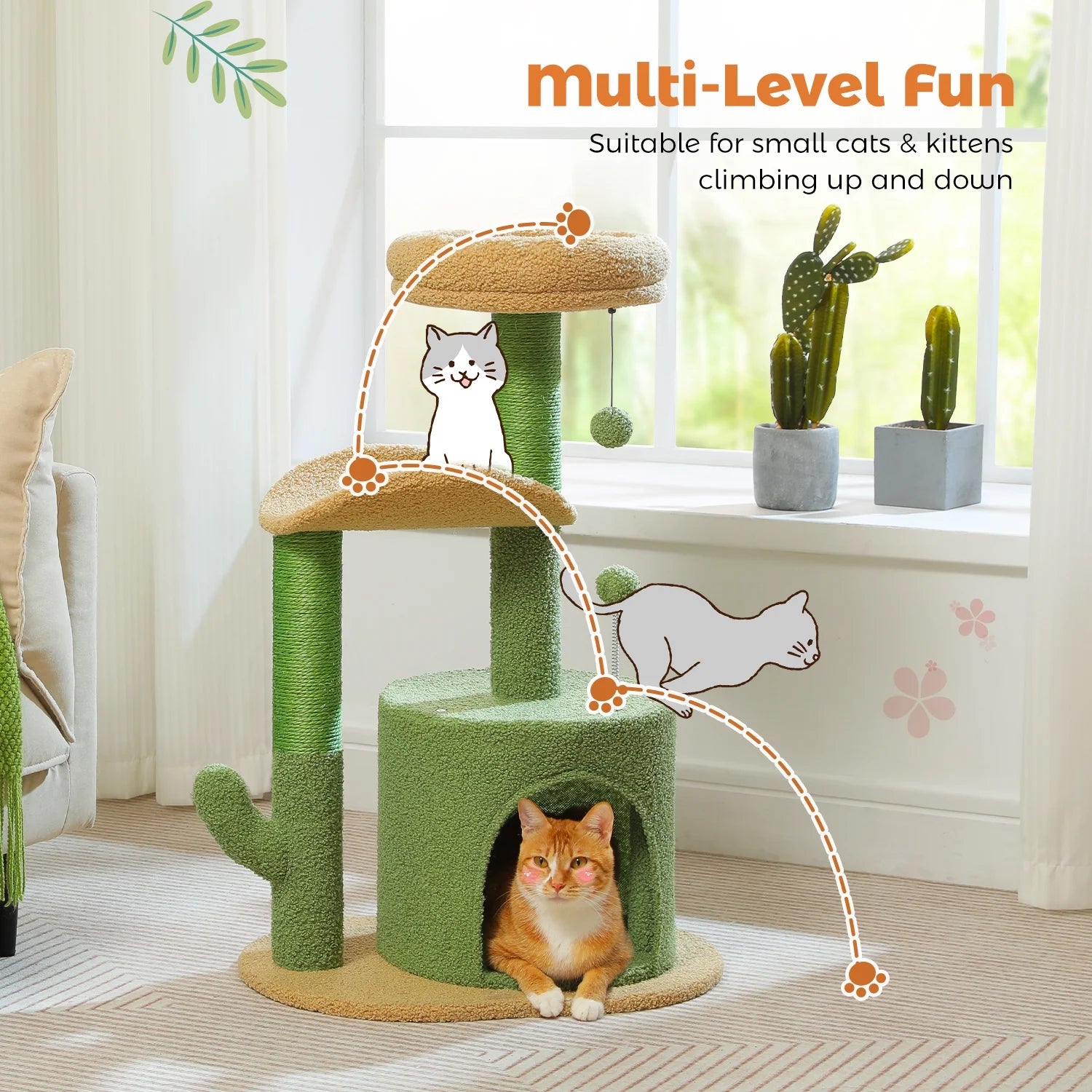 32-Inch Cactus Cat Tree Tower with Scratching Posts and Cozy Condo Perch for Indoor Cats, Green