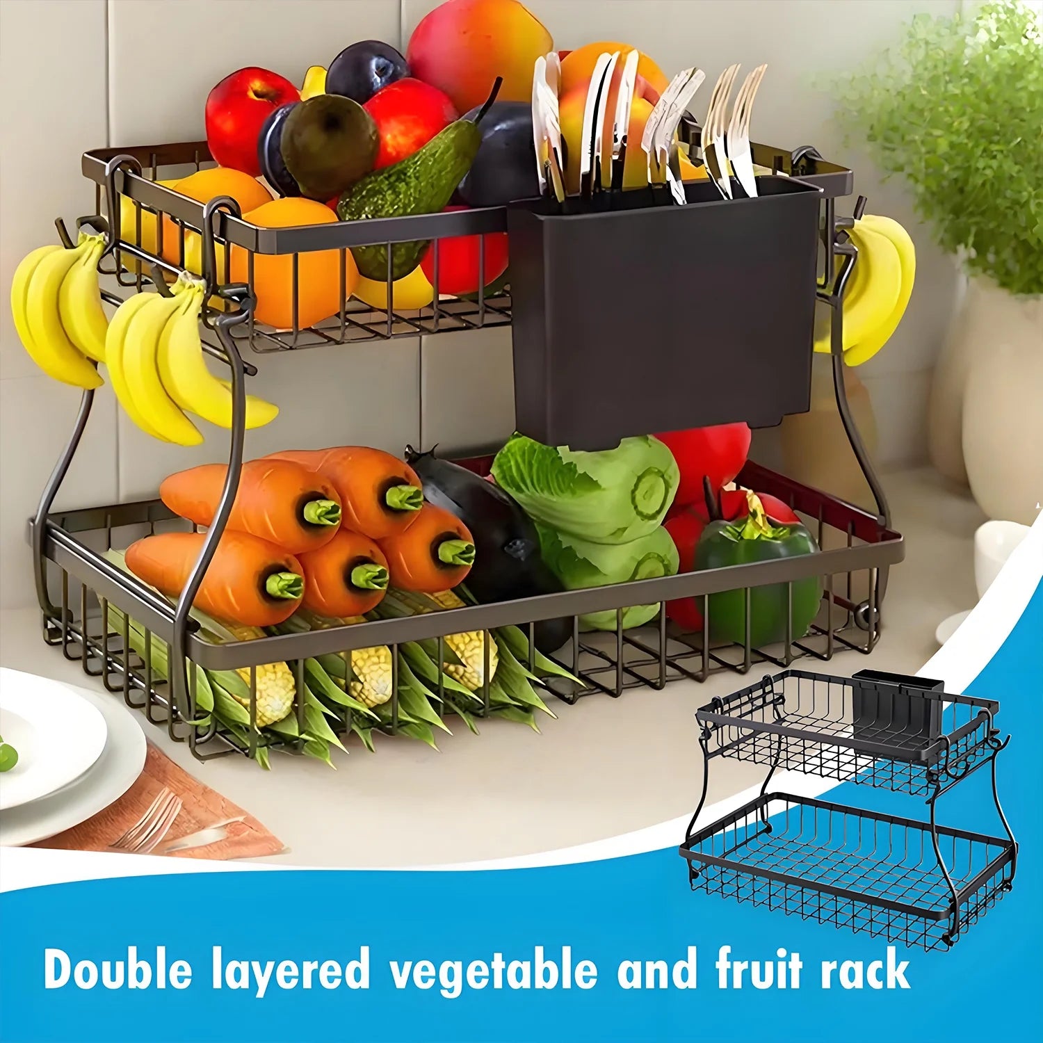 2-Tier Countertop Fruit Basket - Black Metal Organizer W/4 Banana Hooks & Knife Holder, 10X3X16In for Kitchen/Dining Room