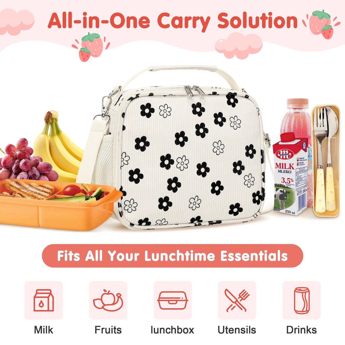 Black & White Floral Corduroy Lunch Bag - Handheld or Shoulder Carry Insulated Lunch Box