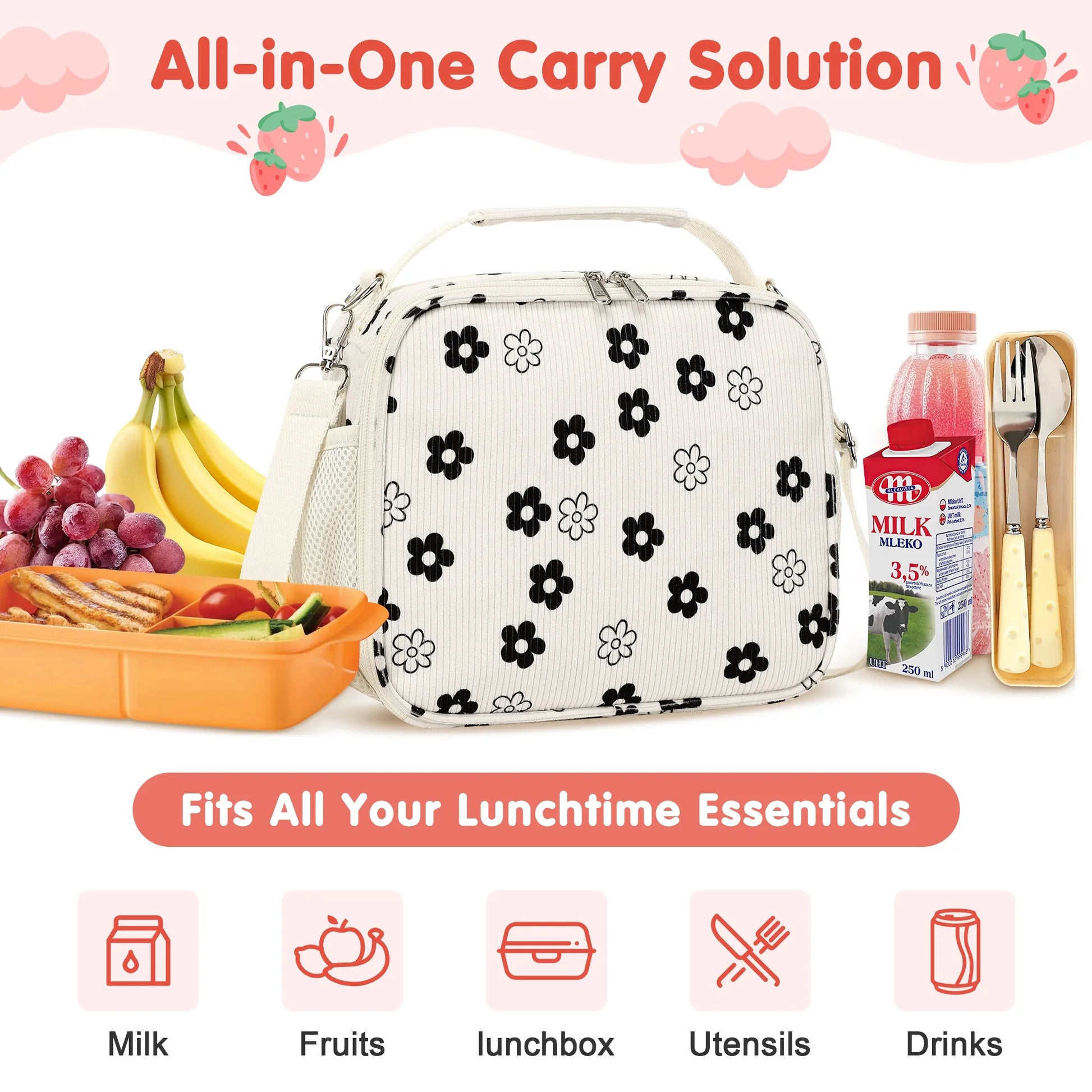 Black & White Floral Corduroy Lunch Bag - Handheld or Shoulder Carry Insulated Lunch Box