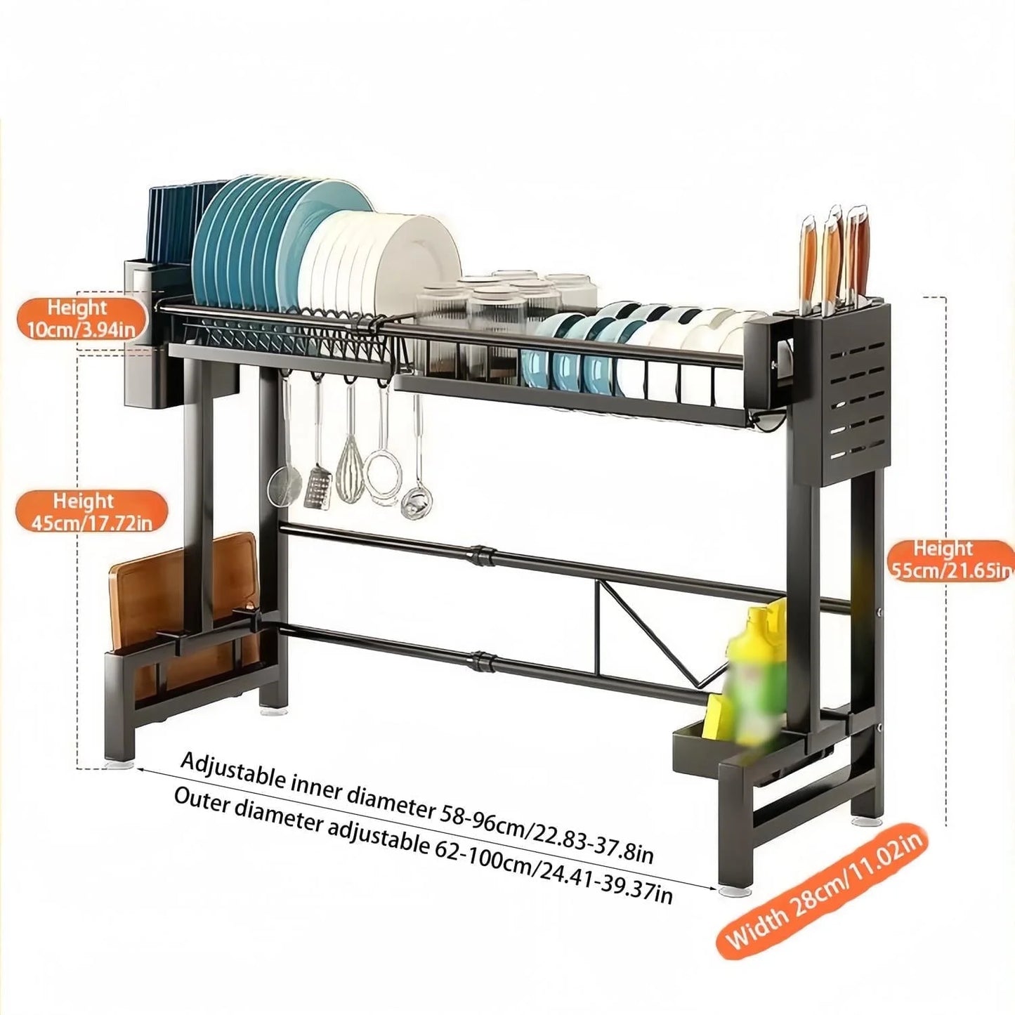 Steel Iron Over-The-Sink Dish Drying Rack,Multifunctional Dish Drying Rack with 4 Baskets,Fits Sinks Fits Sinks 24.4"-39.7"