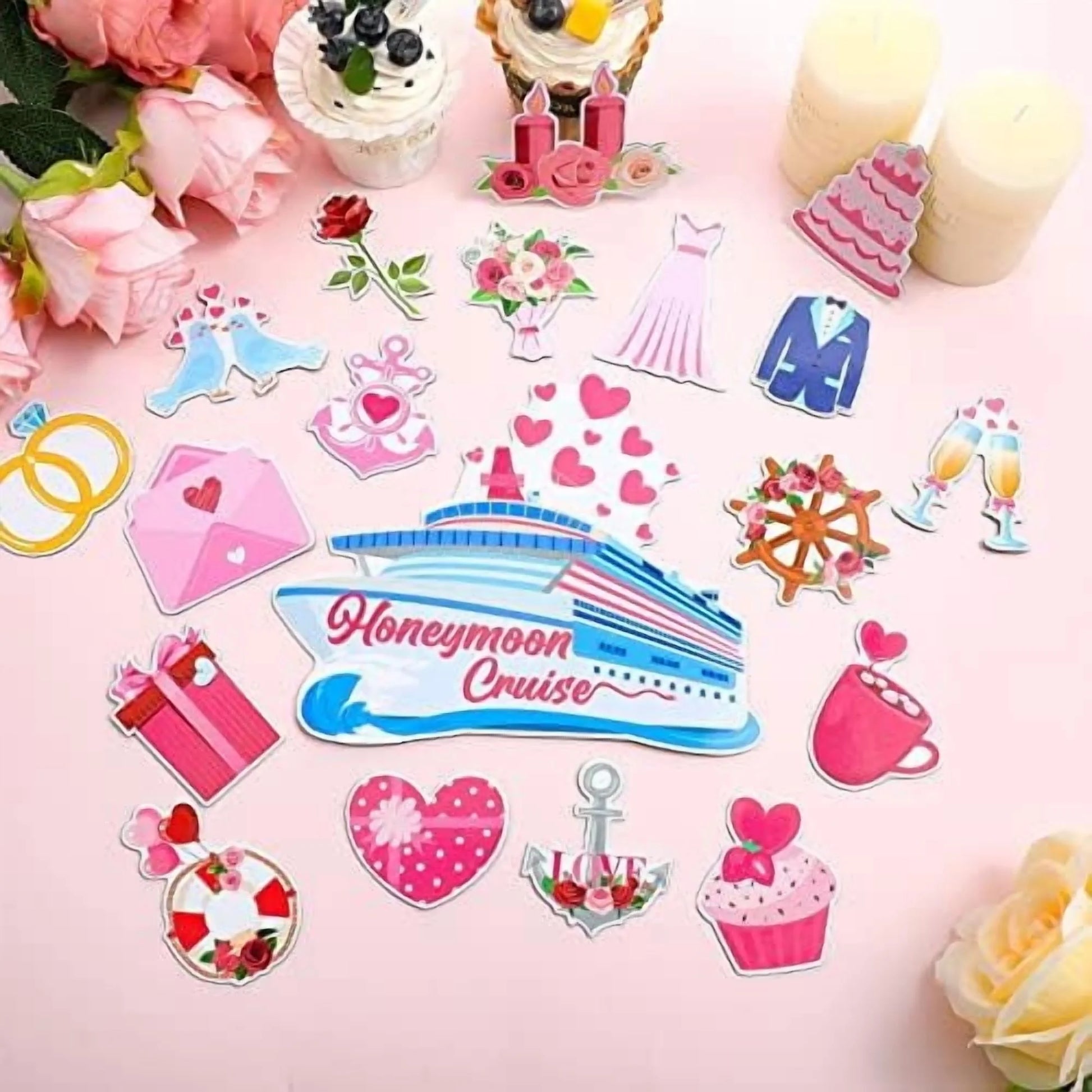 19-Piece Honeymoon Cruise Door Decoration Set - Wedding and Anniversary Magnets for Cruise Ships and Celebrations
