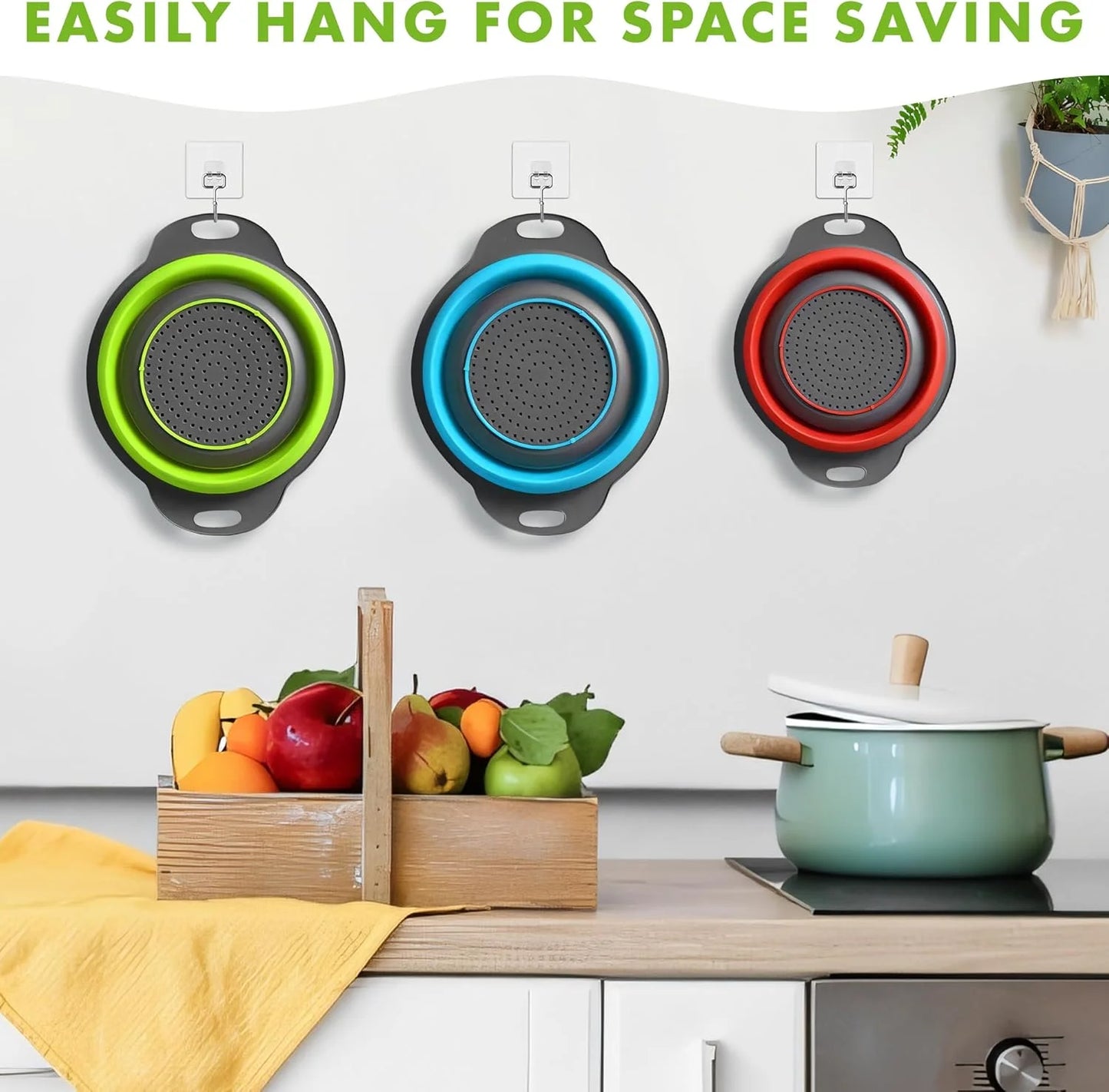 Collapsible Silicone Colander Set - 3-Piece Round Kitchen Strainer Set (2 x 4 Quart, 1 x 2 Quart) - Ideal for Draining Pasta, Vegetables, and Fruits (Green, Blue, Purple)