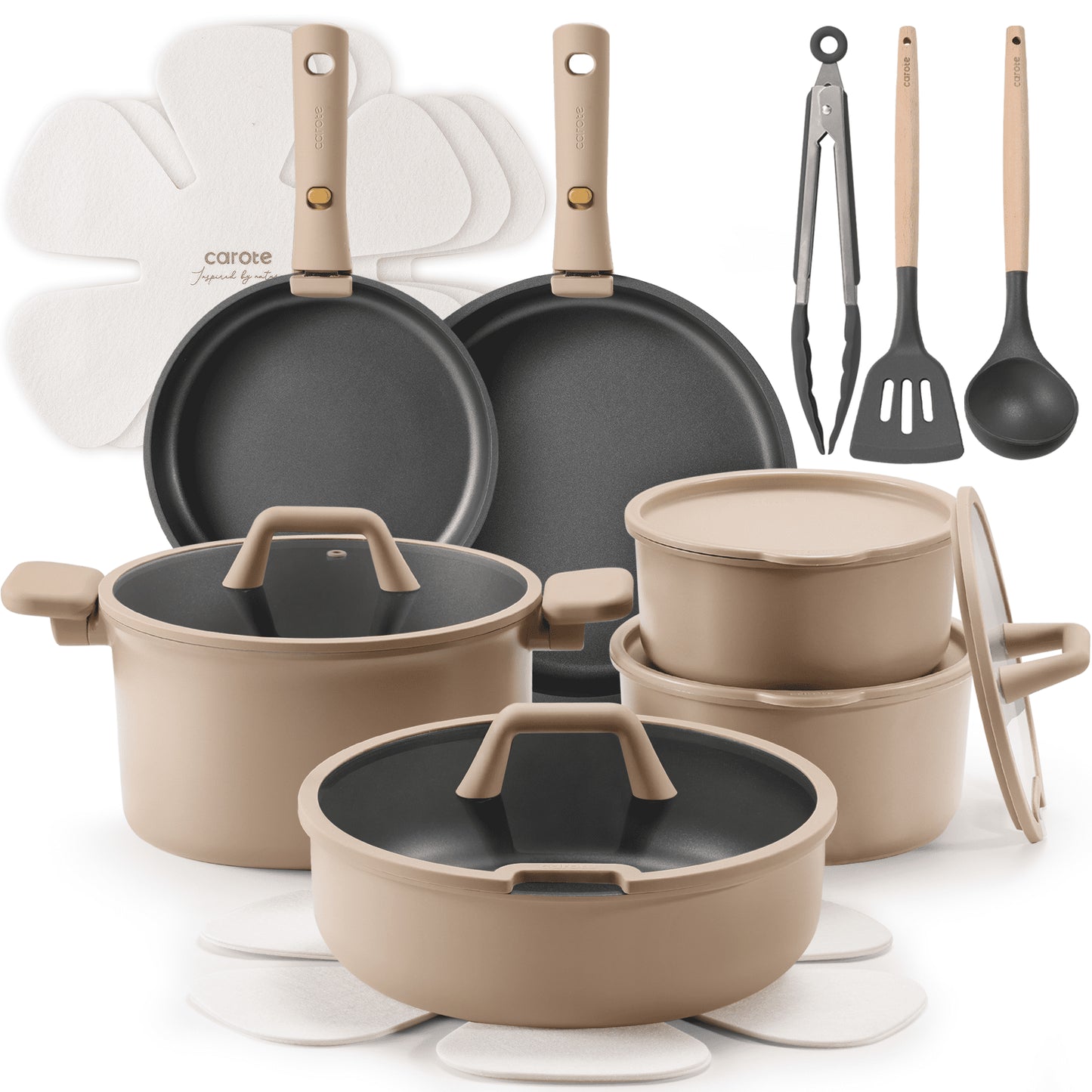 21-Piece Nonstick Cookware Set with Detachable Handle, Oven and Dishwasher Safe, Brown Finish
