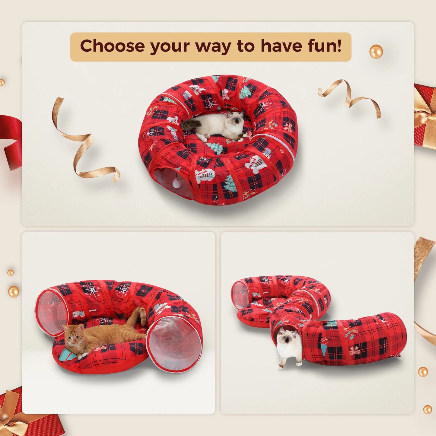 38-Inch Cat Tunnel Bed with Soft Mat - Festive Red Christmas Cat Toy for Indoor Cats