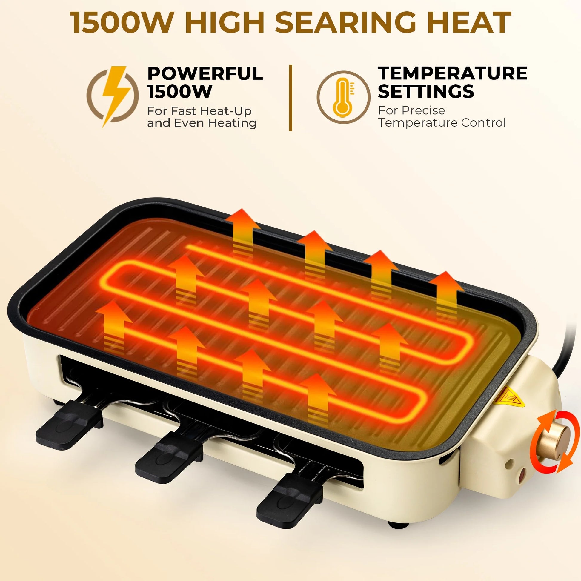 1500W Indoor Electric Smokeless Grill with Non-Stick Surface and 3 Mini Raclette Pans - Perfect for Grilling, Roasting, and Frying, Easy to Clean (Beige)