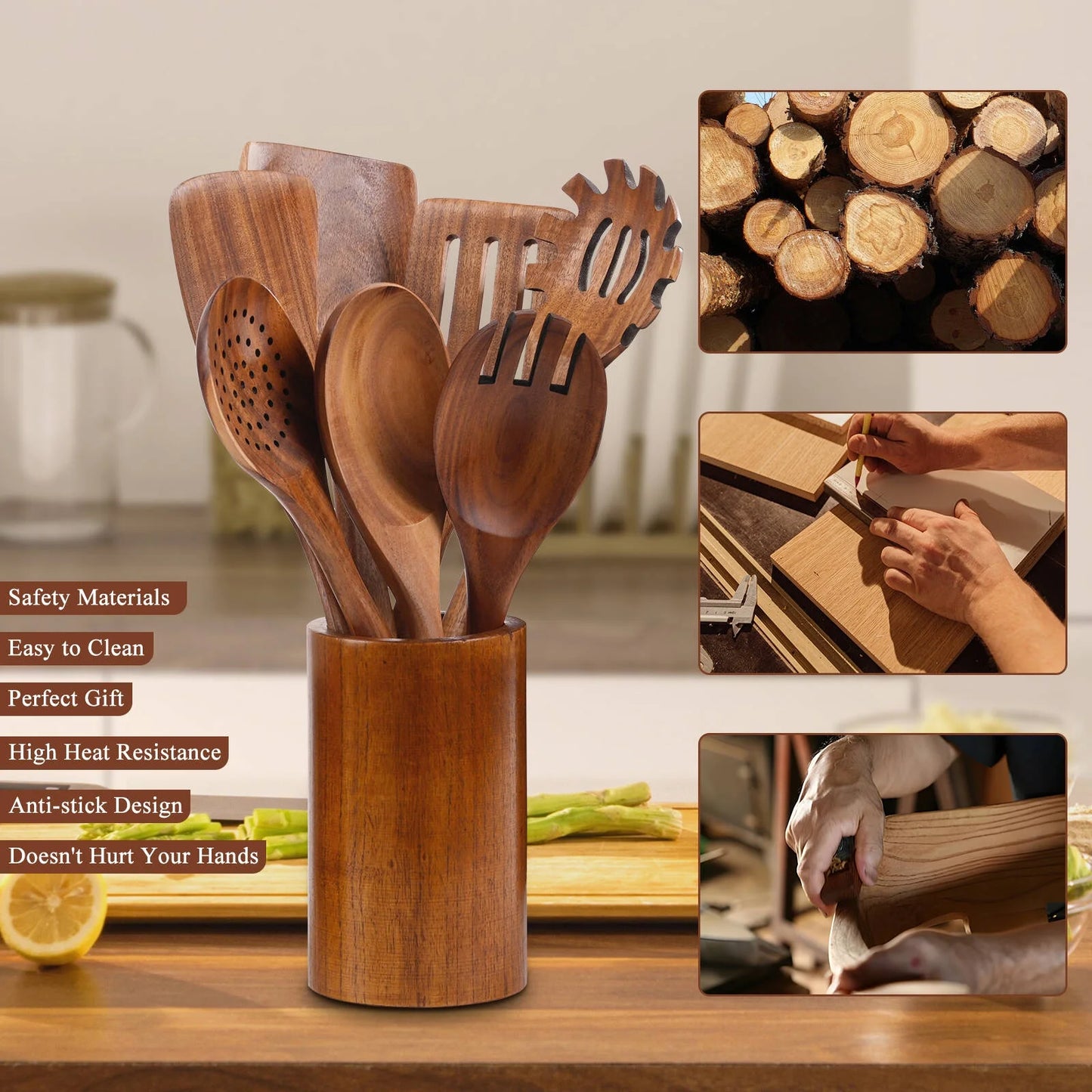 Thickened Wooden Spoons for Cooking, 8 Pcs Natural Wooden Utensil for Cooking with Non-Stick Heat Resistant, Wood Kitchen Utensil Set