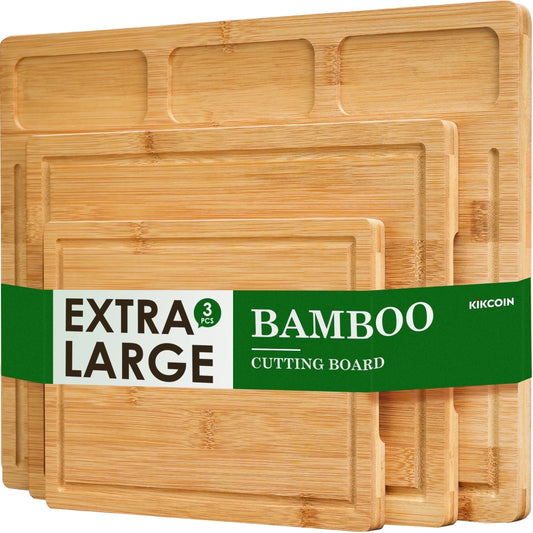 Cutting Board Set of 3, Bamboo Chopping Boards for Kitchen, Heavy Duty Wooden Serving Tray with Juice Groove