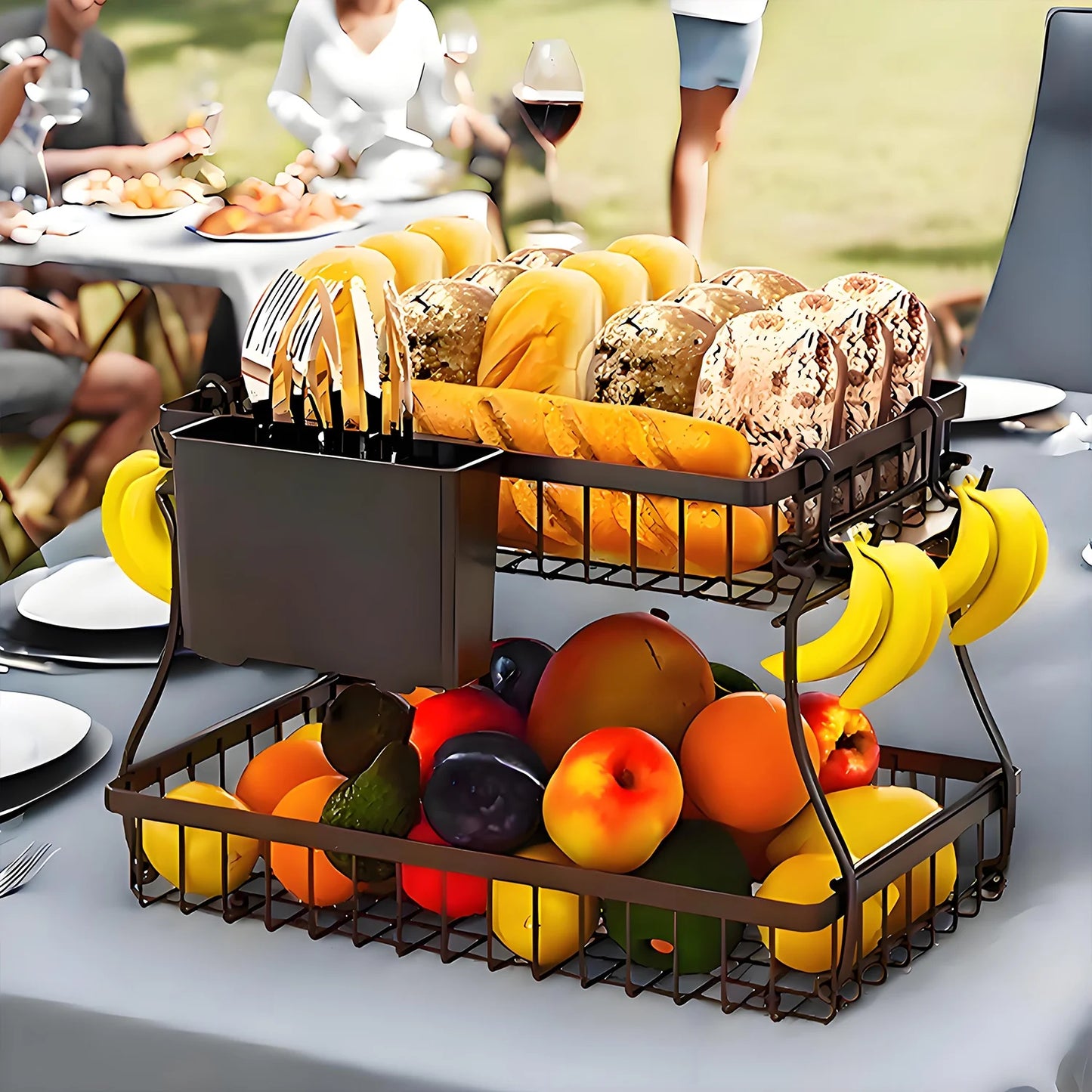 2-Tier Countertop Fruit Basket - Black Metal Organizer W/4 Banana Hooks & Knife Holder, 10X3X16In for Kitchen/Dining Room