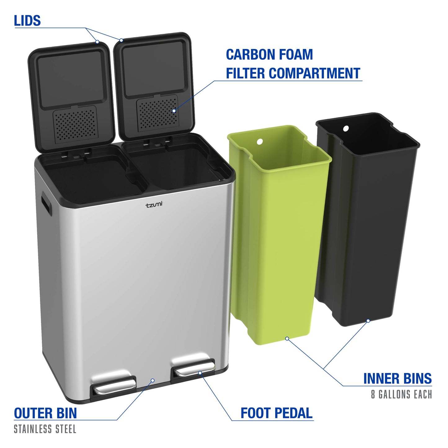 Dual-Compartment Recycling Bin Stainless Steel Trash Can for Kitchen, 16 Gallon Total