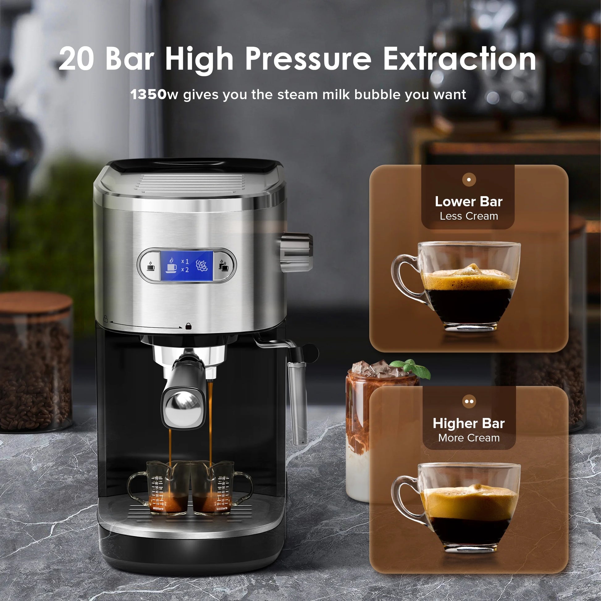 20 Bar Espresso Coffee Maker, Drip Coffee Machine with 1-2 Cup, Espresso Machine with Milk Frother Steam Wand, 45 OZ Removable Water Tank for Home/Office/Cafe, Black