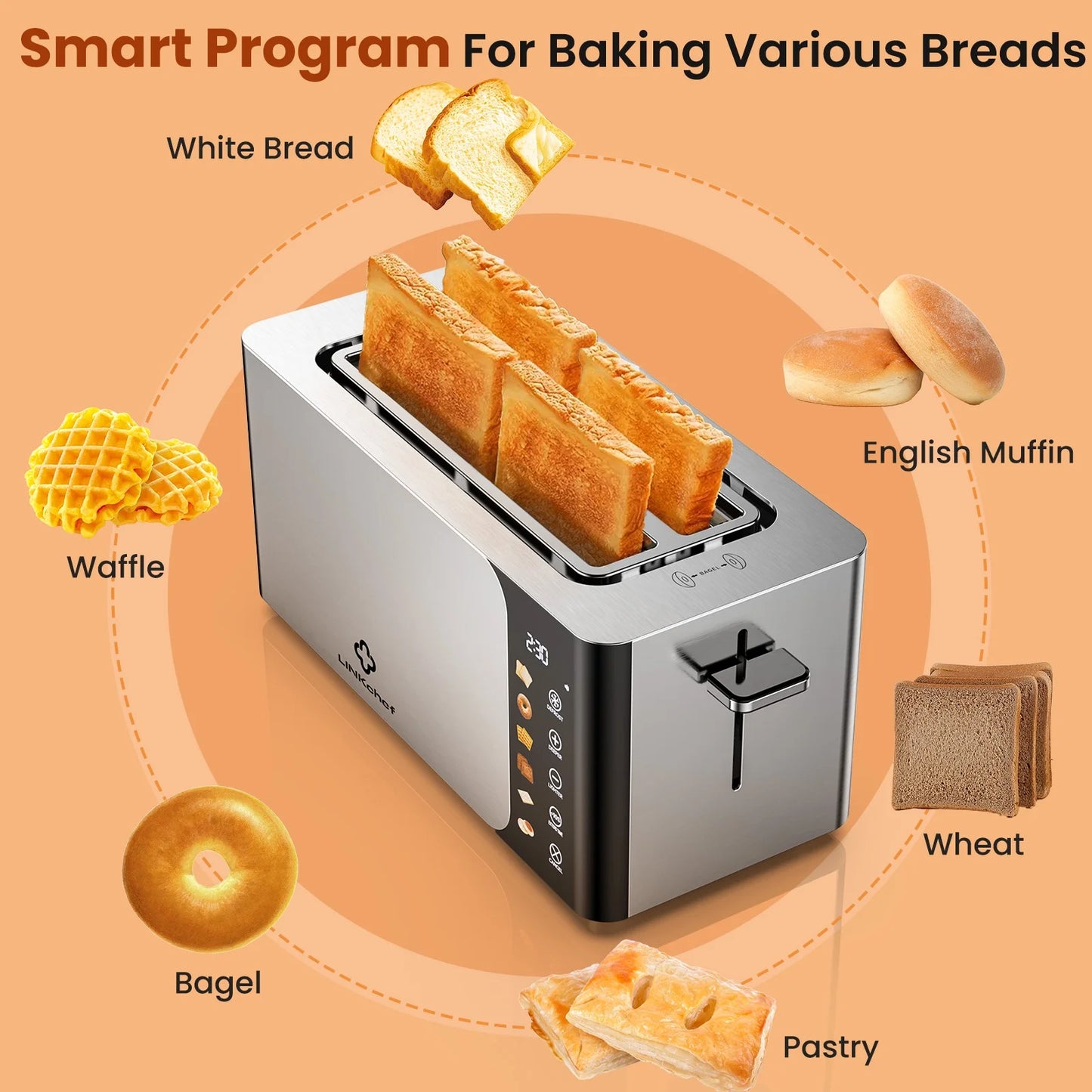 4-Slice Toaster – Touch Screen Control, Extra-Wide 1.5" Slots, Stainless Steel | Smart Toaster with Timer, Defrost & Reheat Functions