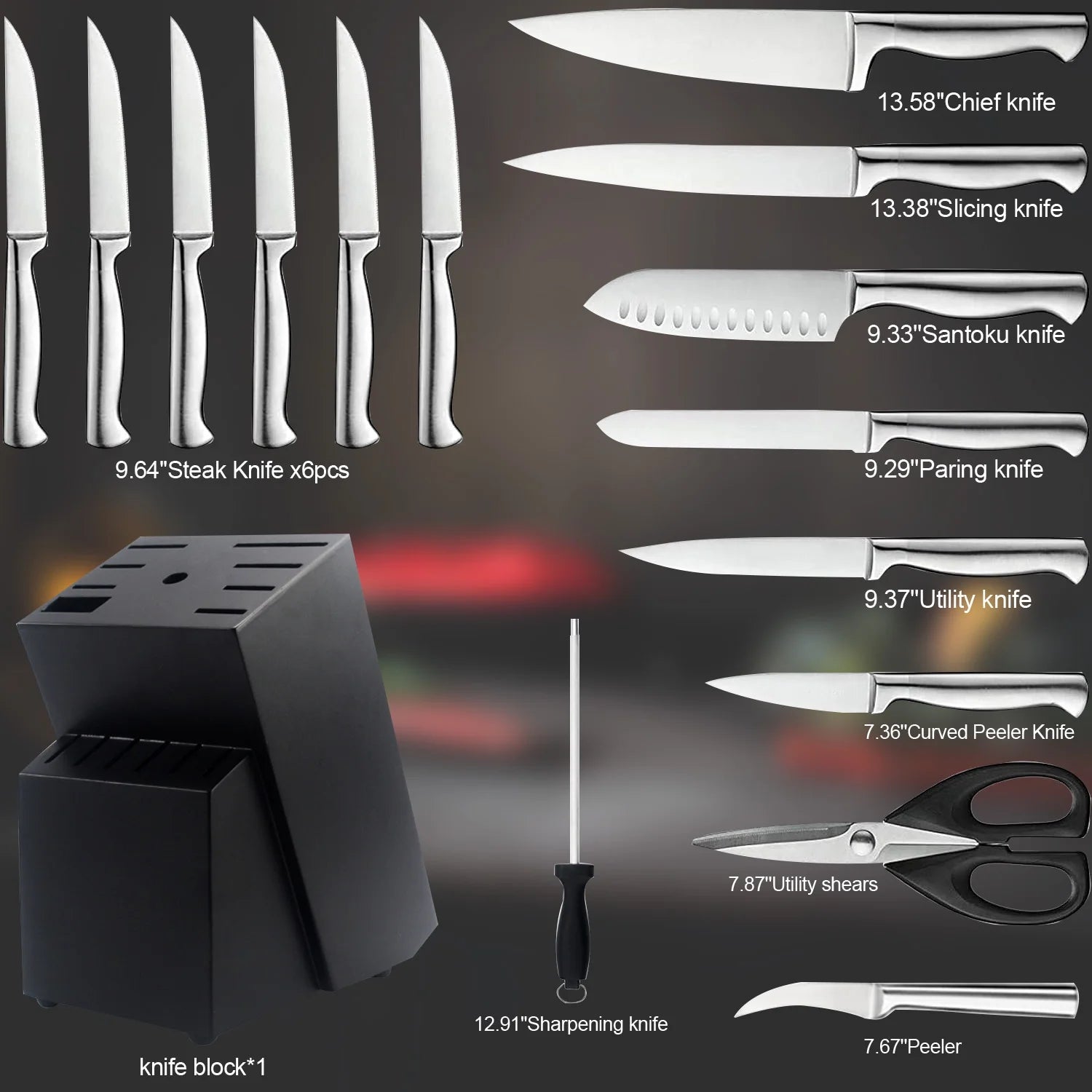 Kitchen Knife Set with Block, 16 PCS High Carbon Stainless Steel Sharp Serrated Steak Knives(Silver)