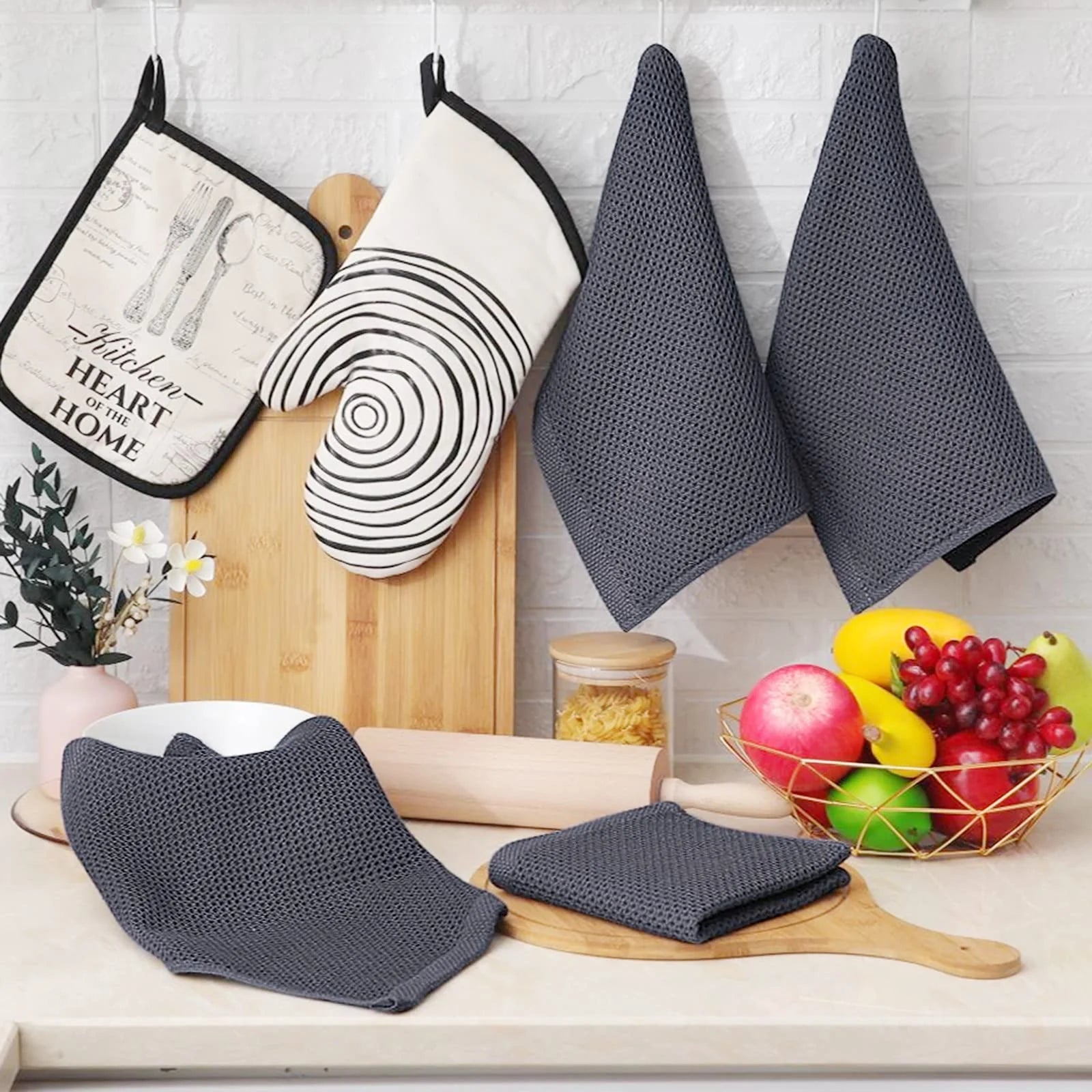 Premium 100% Cotton Waffle Weave Kitchen Dish Cloths, Ultra Soft and Highly Absorbent Quick Drying Towels, 12x12 Inches, Set of 6, Dark Grey