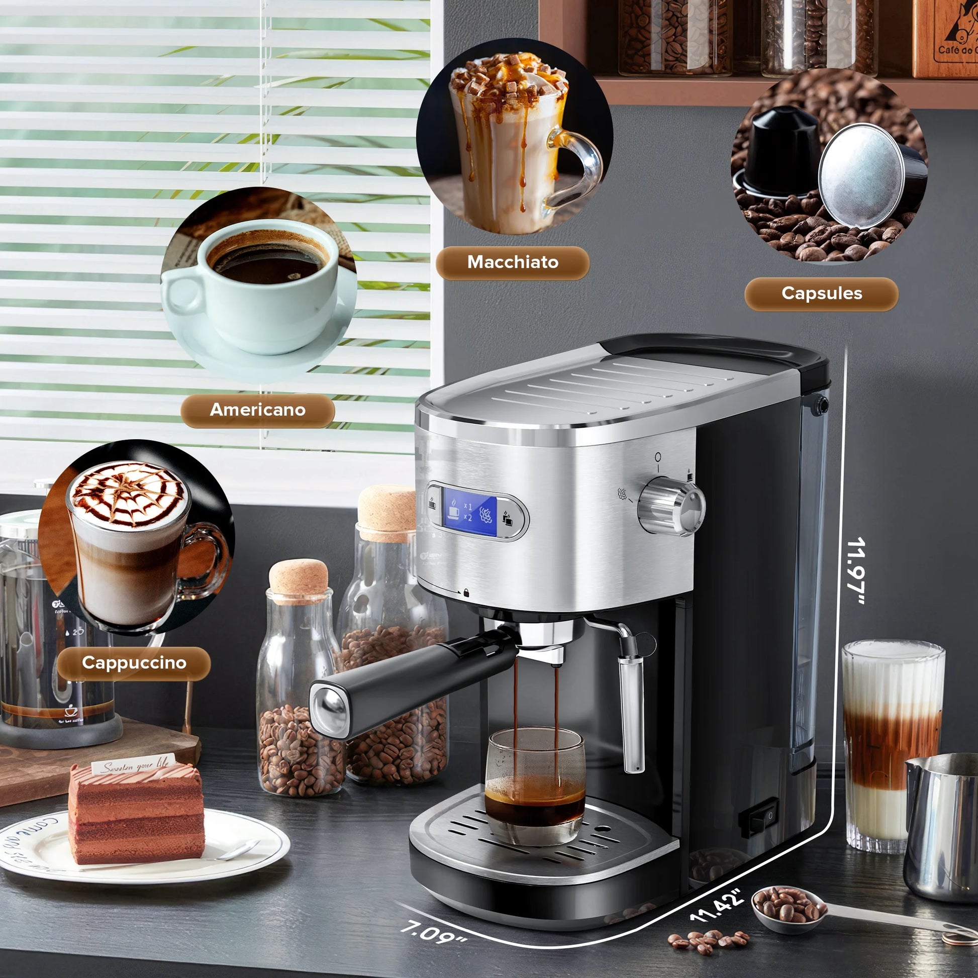 20 Bar Espresso Coffee Maker, Drip Coffee Machine with 1-2 Cup, Espresso Machine with Milk Frother Steam Wand, 45 OZ Removable Water Tank for Home/Office/Cafe, Black