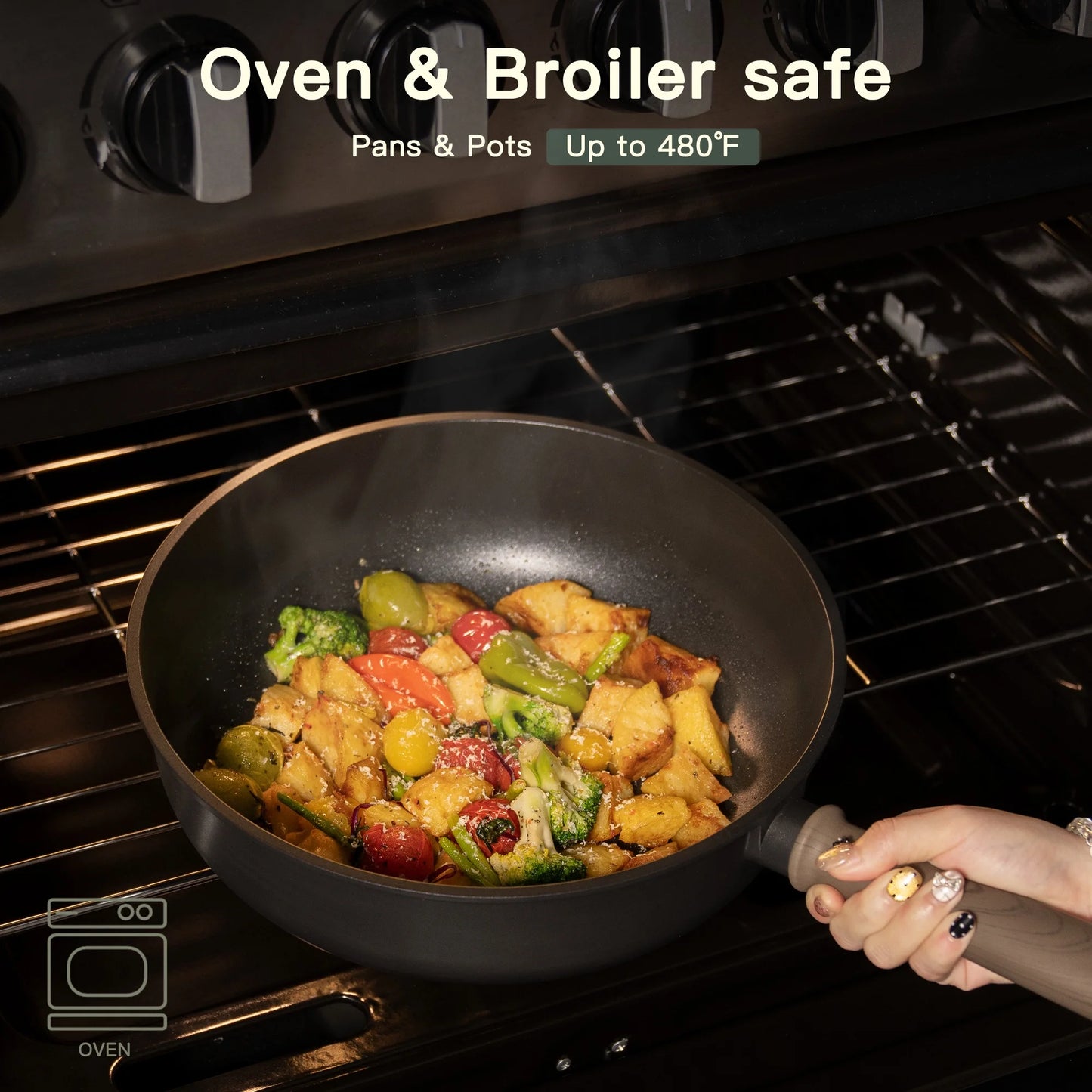 18-Piece Pots and Pans Set, Nonstick Cookware Set with Elegant Wooden Handle, Oven Safe to 480°F, Induction Compatible, Kitchen Cooking Set for RV Trips, Camping and Picnic, Black