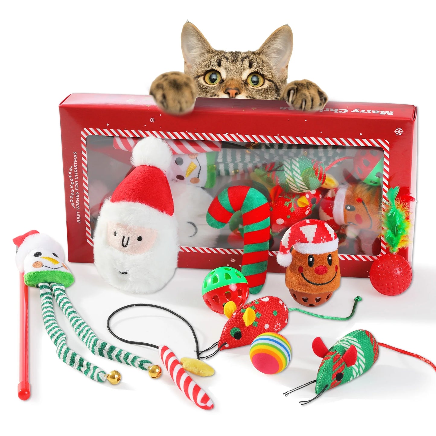 10-Piece Interactive Cat Toy Set Featuring 4 Balls, 2 Catnip Mice, and 2 Teaser Sticks