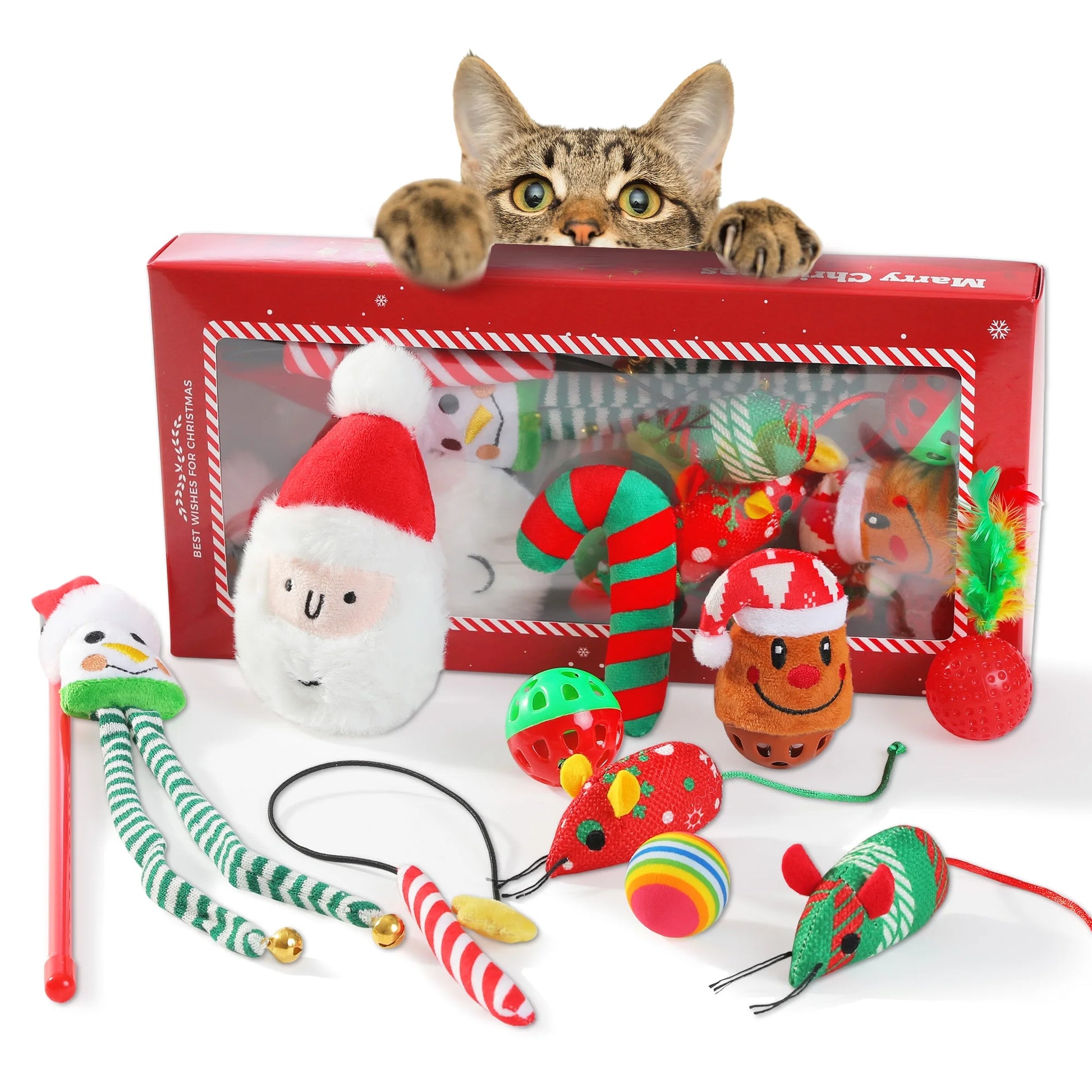 10-Piece Interactive Cat Toy Set Featuring 4 Balls, 2 Catnip Mice, and 2 Teaser Sticks