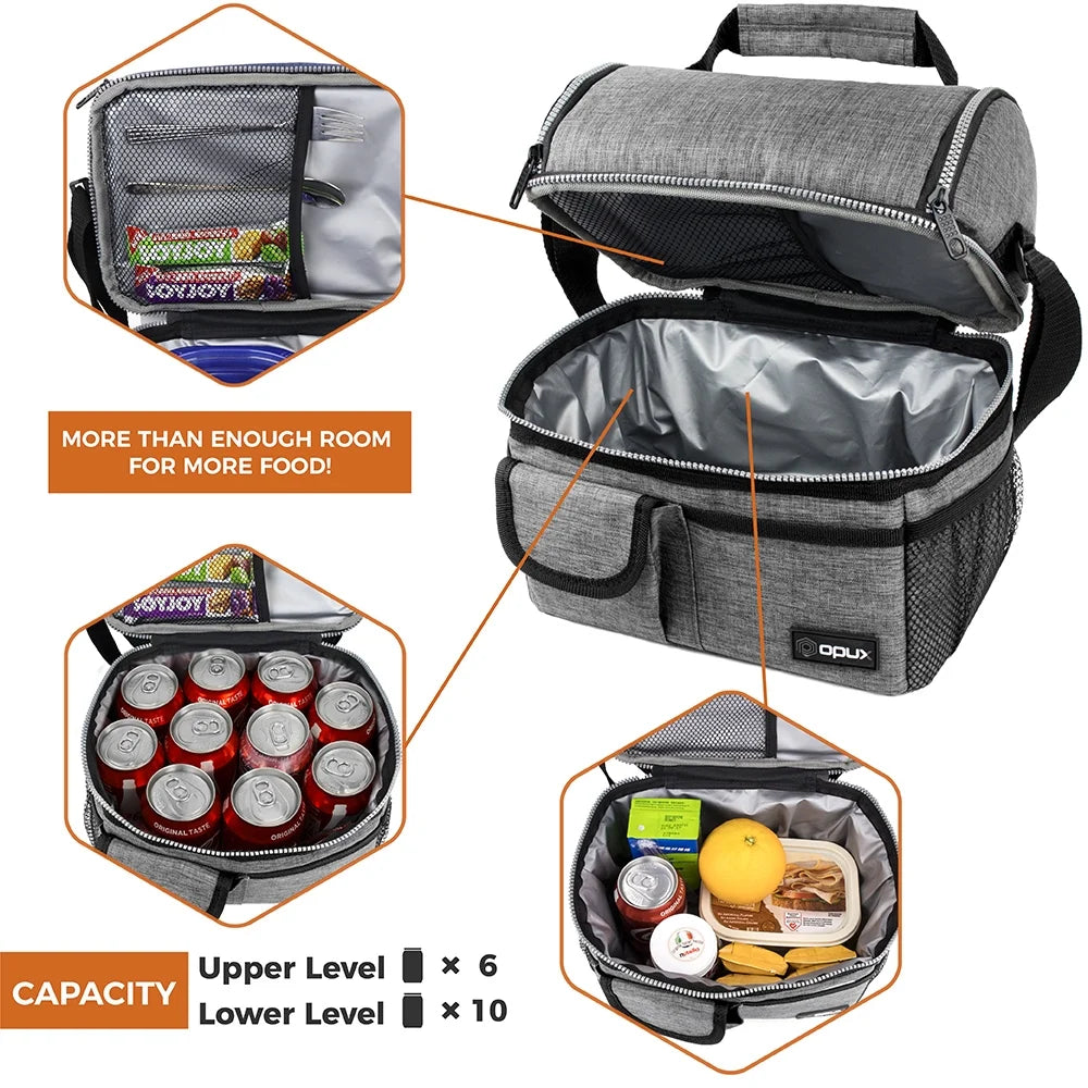 Insulated Dual Compartment Lunch Bag for Men, Women | Double Deck Reusable Lunch Pail Cooler Bag with Shoulder Strap, Soft Leakproof Liner | Large Lunch Box Tote for Work, School (Heather Grey)