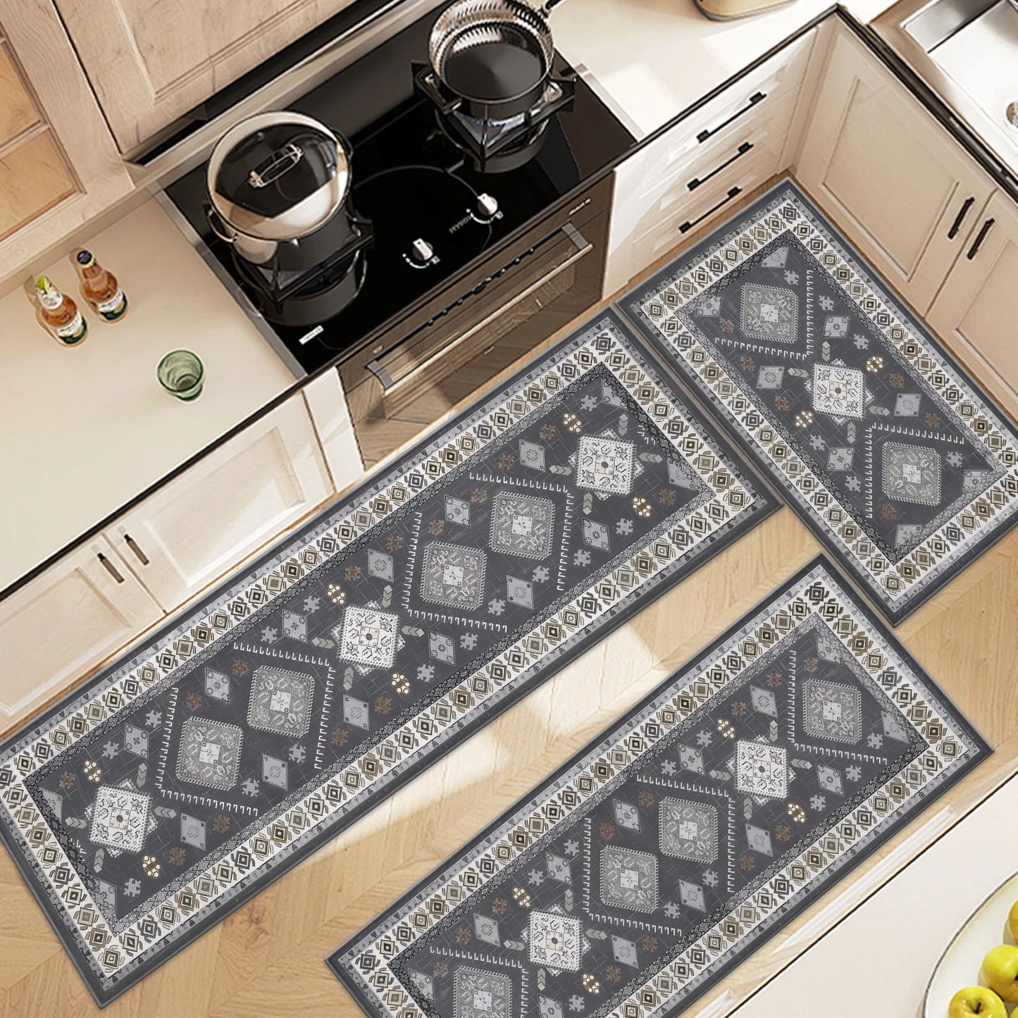 3-Piece Kitchen Rug Set, Non-Slip Machine Washable Mats, Farmhouse Hallway Doormat for Home and Living Room, Gray