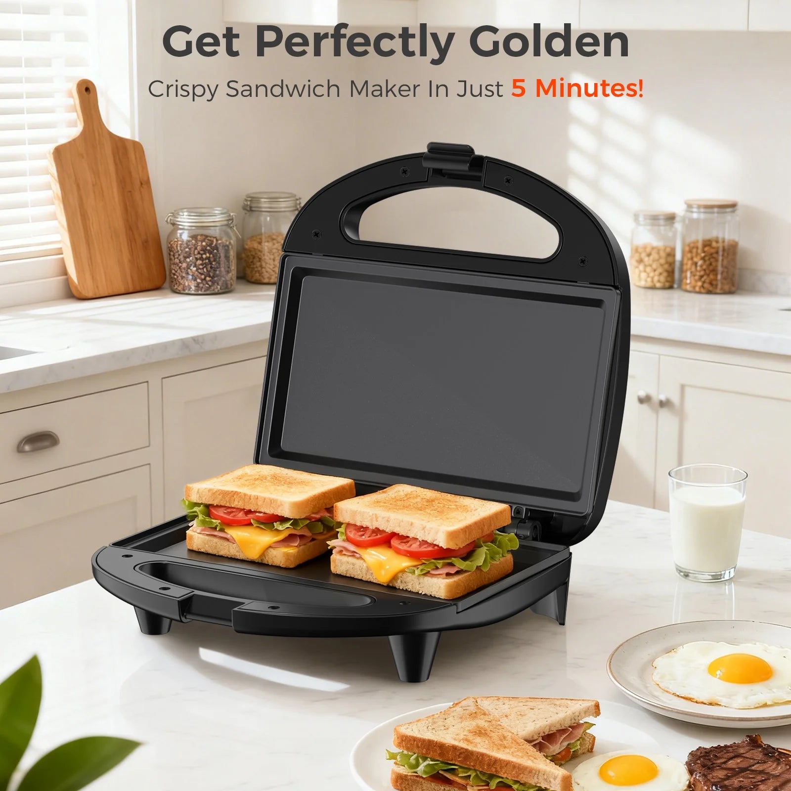 Electric Sandwich Maker - 750W Panini Press with Non-Stick Plates, LED Indicator, Thermostat Control, Cool Touch Handle, Ideal for Breakfast Preparation