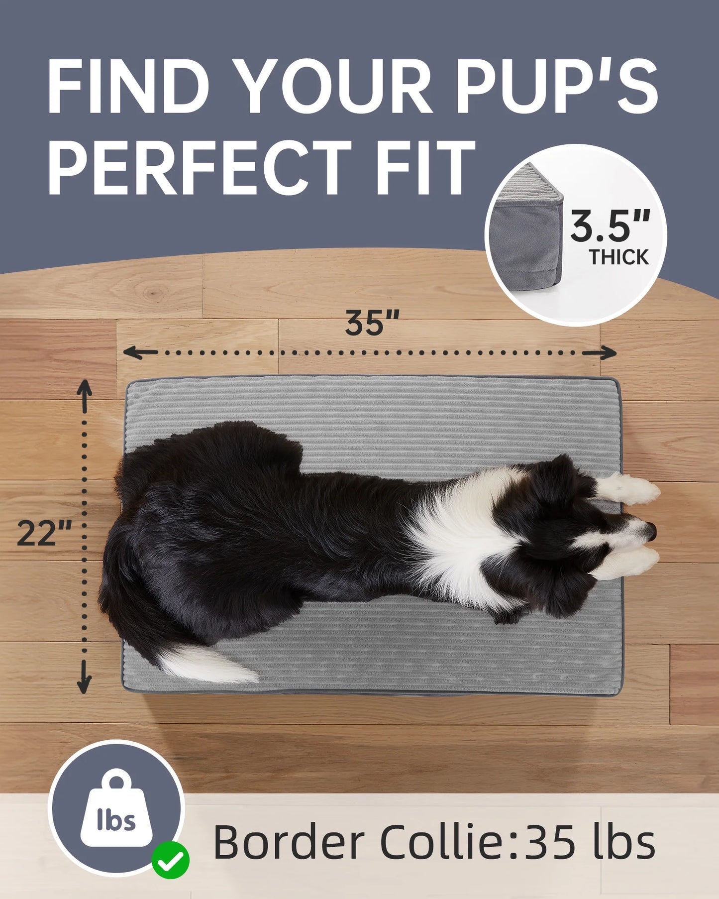 Large Orthopedic Dog Bed with Removable Washable Cover, Non-Slip Base, and Waterproof Liner, Ideal for Crates, 35" x 22" x 3.5", Gray