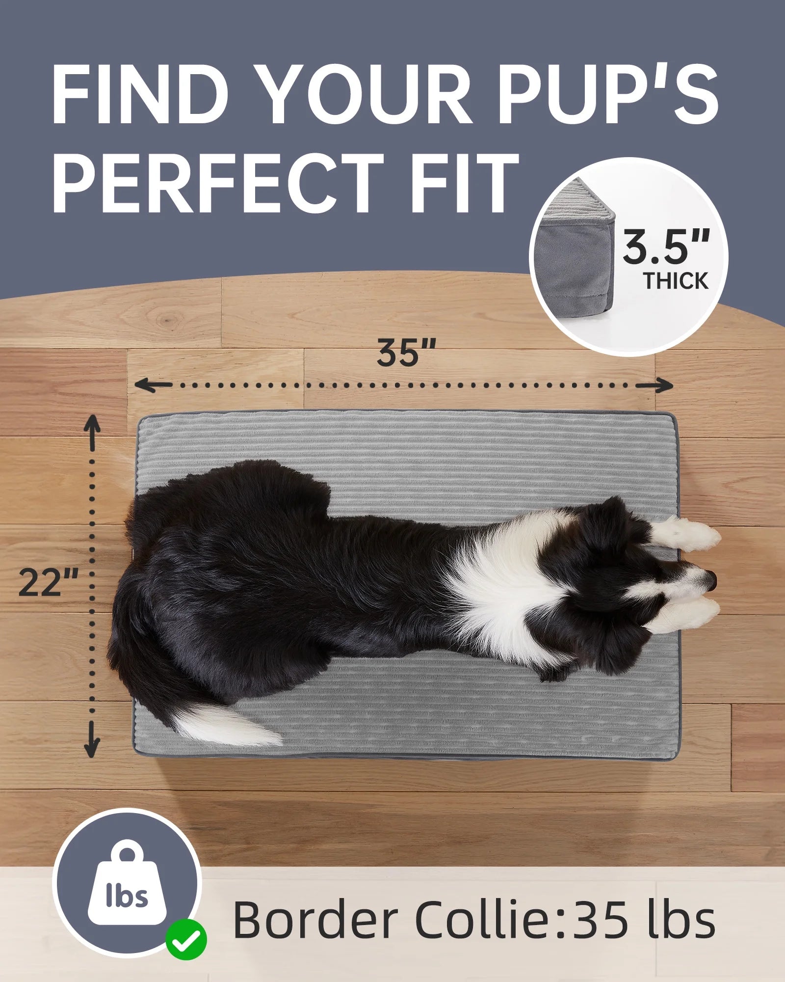 Large Orthopedic Dog Bed with Removable Washable Cover, Non-Slip Base, and Waterproof Liner, Ideal for Crates, 35" x 22" x 3.5", Gray