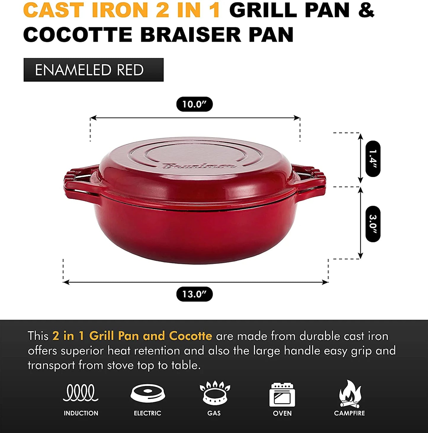 | 2-In-1 Enameled Cast Iron Cocotte Double Braiser Pan with Grill Lid