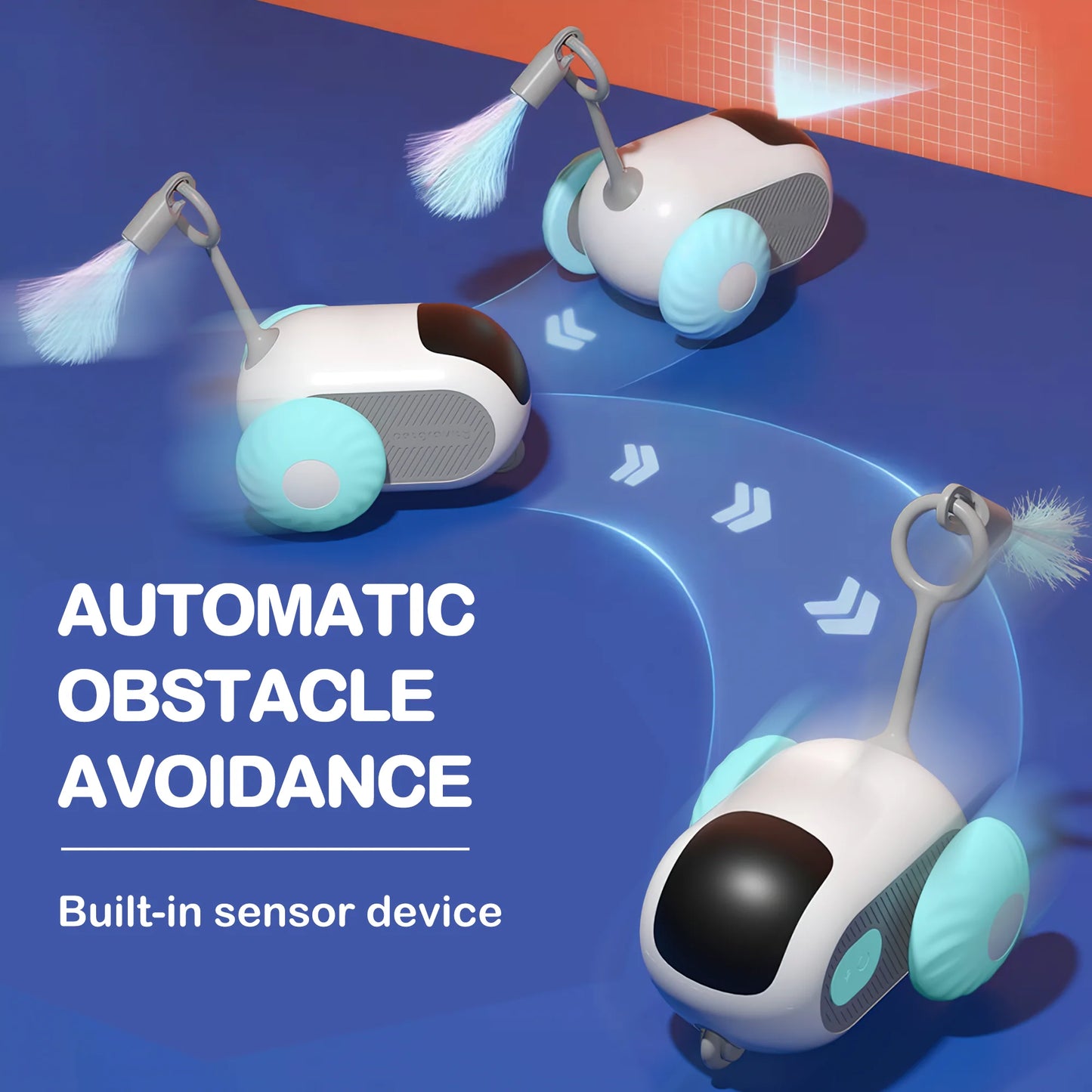 Smart Interactive Cat Toy for Indoor Use - Rechargeable Remote-Controlled Automatic Movement with Feathers, Blue, 2-Speed Settings