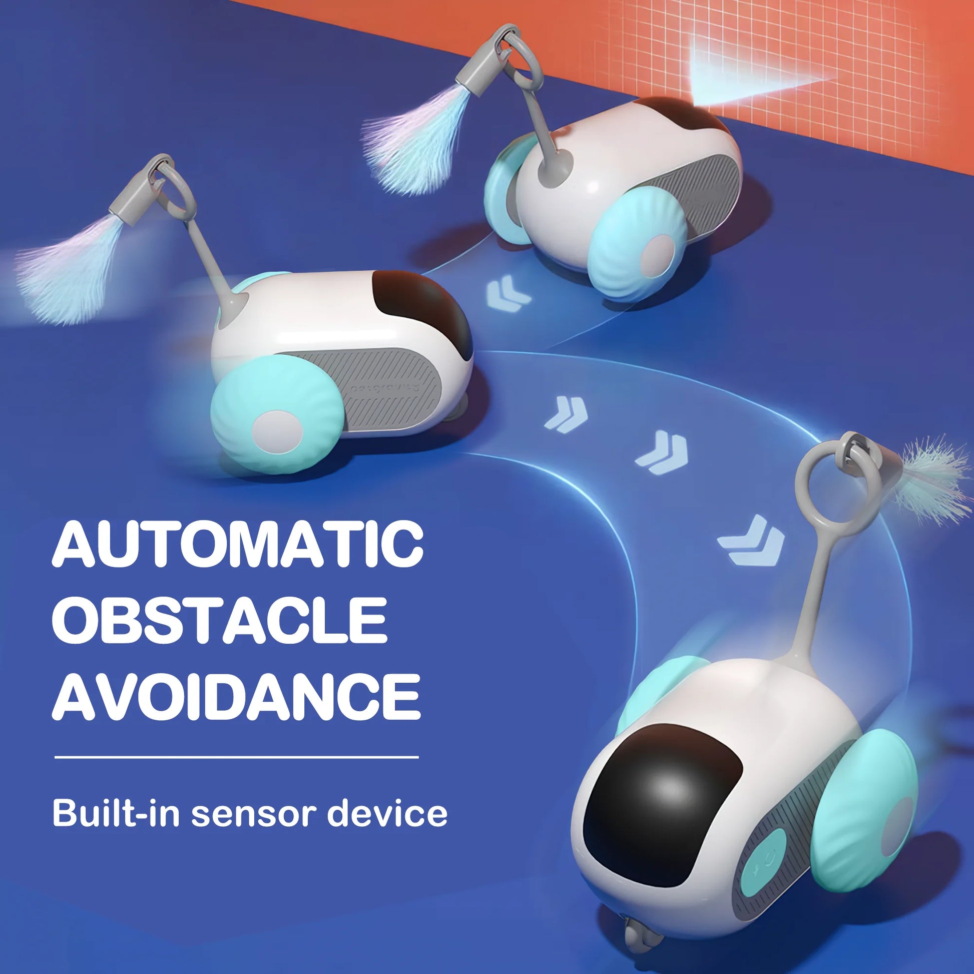 Smart Interactive Cat Toy for Indoor Use - Rechargeable Remote-Controlled Automatic Movement with Feathers, Blue, 2-Speed Settings