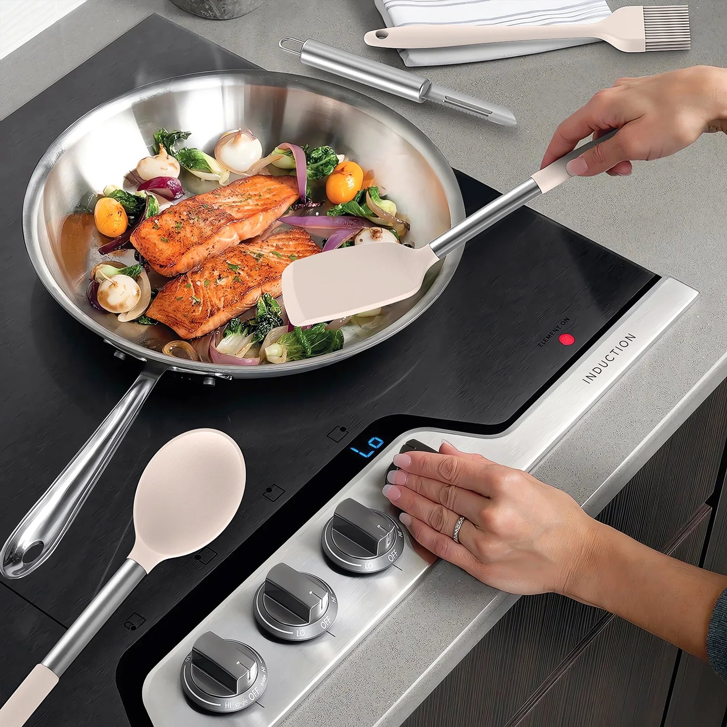 Silicone Cooking Utensils Set - Heat Resistant Silicone Kitchen Utensils for Cooking, Kitchen Utensil Spatula Set,Bpa FREE Kitchen Gadgets Tools for Non-Stick Cookware Dishwasher Safe (Khaki)