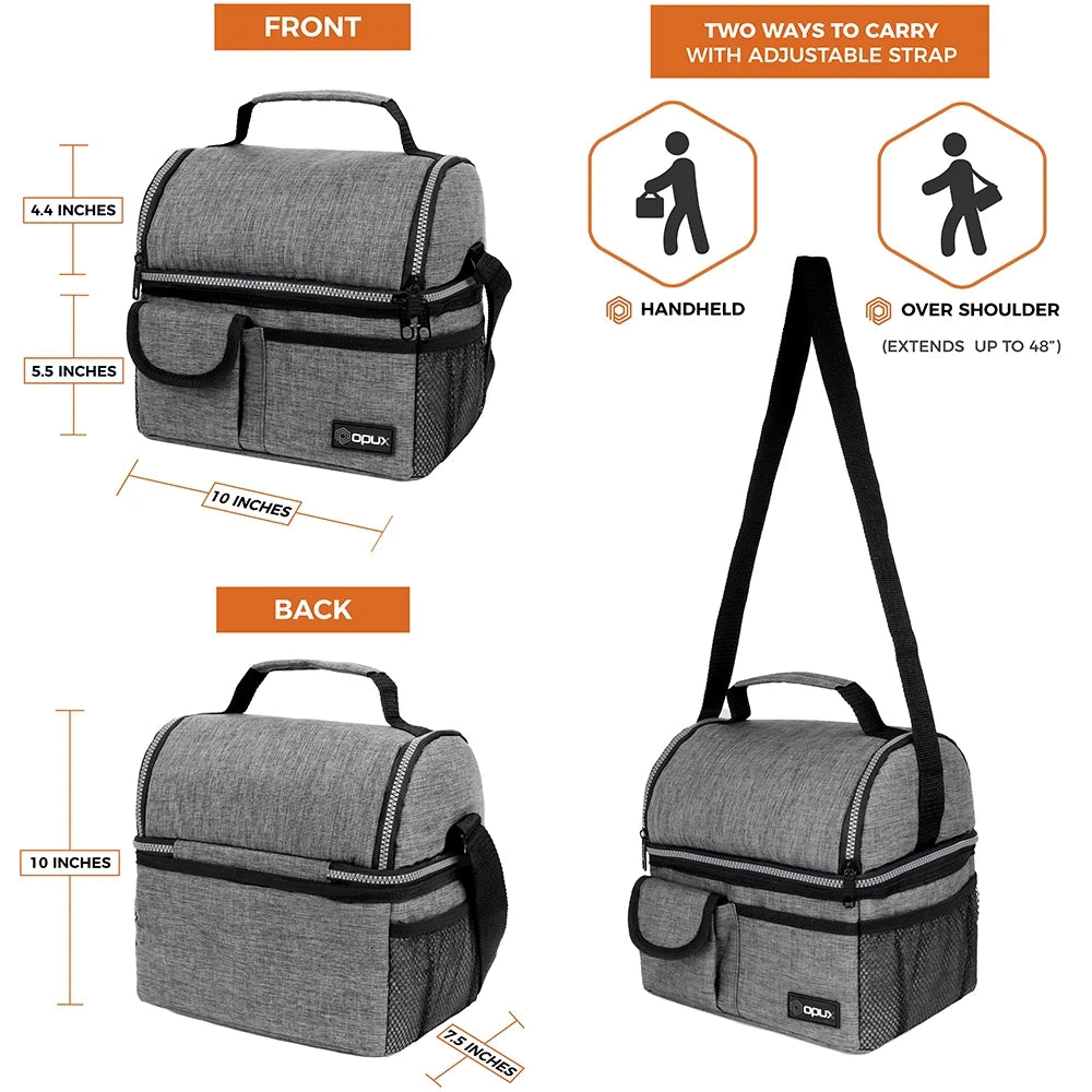 Insulated Dual Compartment Lunch Bag for Men, Women | Double Deck Reusable Lunch Pail Cooler Bag with Shoulder Strap, Soft Leakproof Liner | Large Lunch Box Tote for Work, School (Heather Grey)