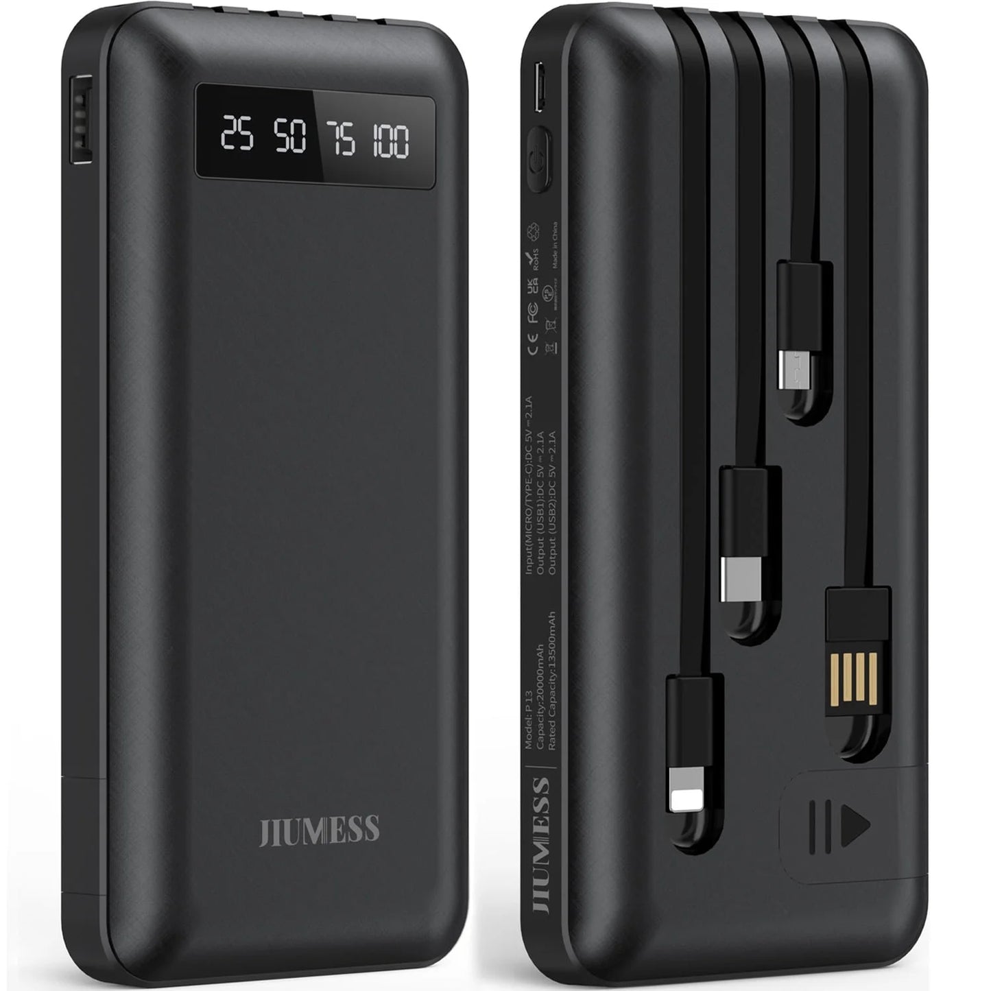 20,000mAh Portable Power Bank with Cables, USB Battery Pack Compatible with iPhone and Android Devices